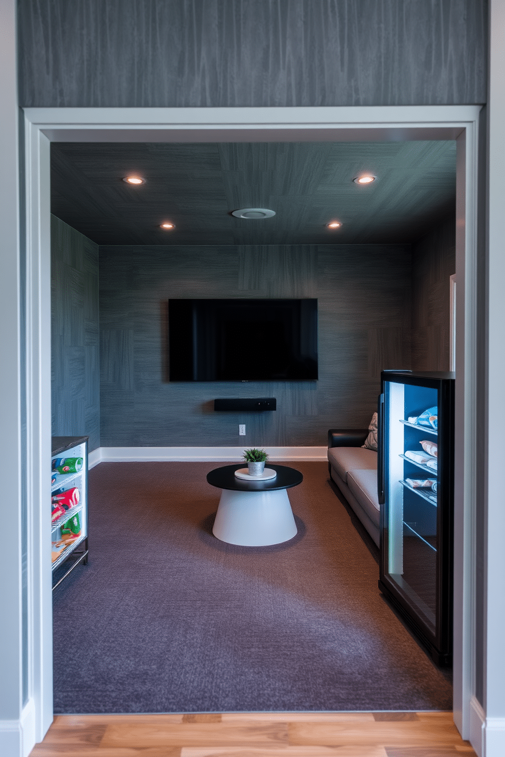 A stylish gray game room featuring a sleek mini fridge designed for snacks and drinks. The room is equipped with a plush sectional sofa, a large wall-mounted TV, and a modern coffee table, all set against a backdrop of textured gray walls and soft ambient lighting.