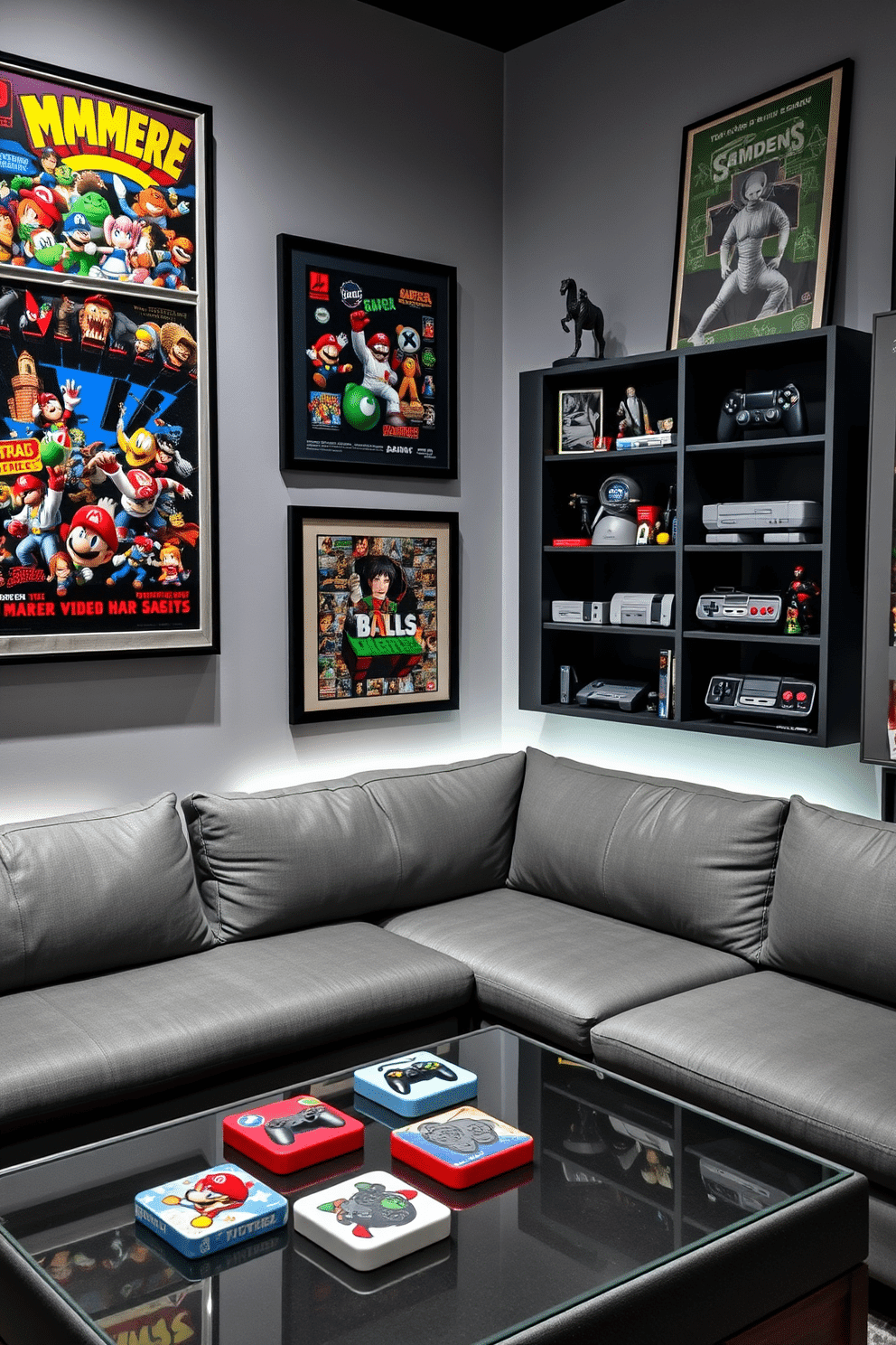 A game-themed decor and collectibles display featuring vibrant wall art of classic video games and framed posters. Shelves are filled with action figures, retro consoles, and unique collectibles, creating a nostalgic atmosphere. The room is designed with a modern gray color palette, incorporating sleek furniture and soft lighting. A plush sectional sofa invites relaxation, while a stylish coffee table holds coasters featuring iconic game characters.