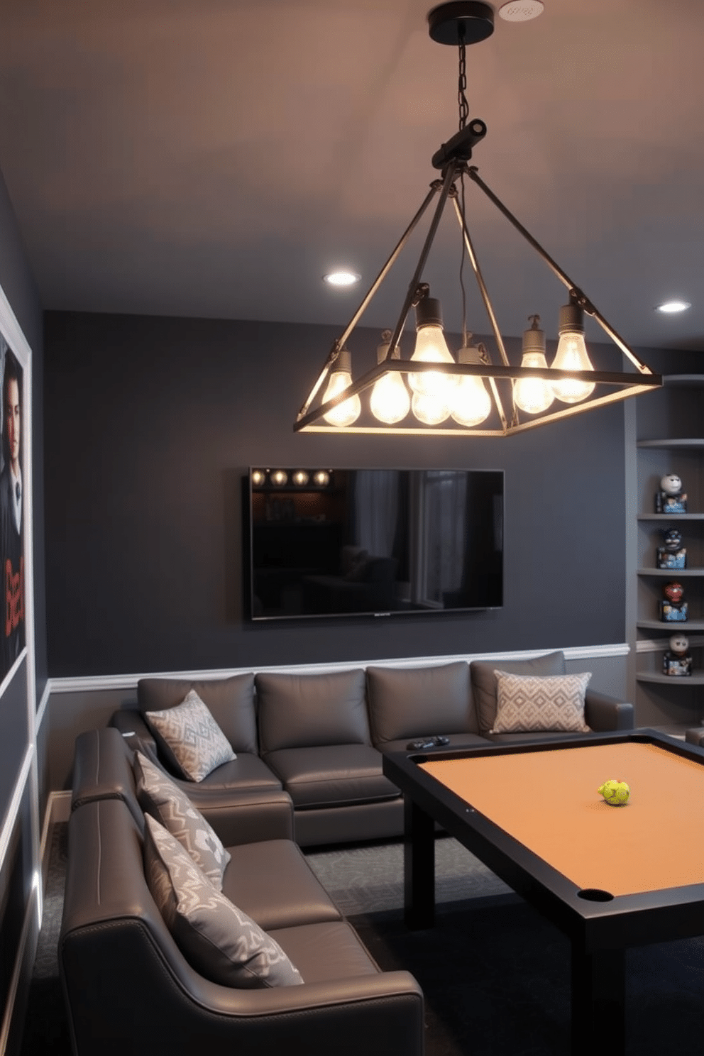 Industrial-style lighting fixtures for ambiance. Exposed bulbs hang from black metal frames, casting a warm glow over the space. Gray Game Room Design Ideas. The walls are painted a deep charcoal, complemented by sleek gray furniture and pops of color from gaming accessories.