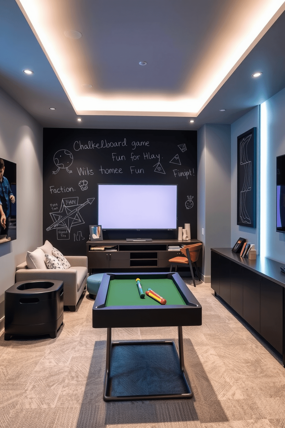 A modern game room featuring an interactive wall designed for chalkboard fun, allowing for creativity and play. The room is painted in a soft gray hue, complemented by sleek, contemporary furniture and ambient lighting that enhances the playful atmosphere.