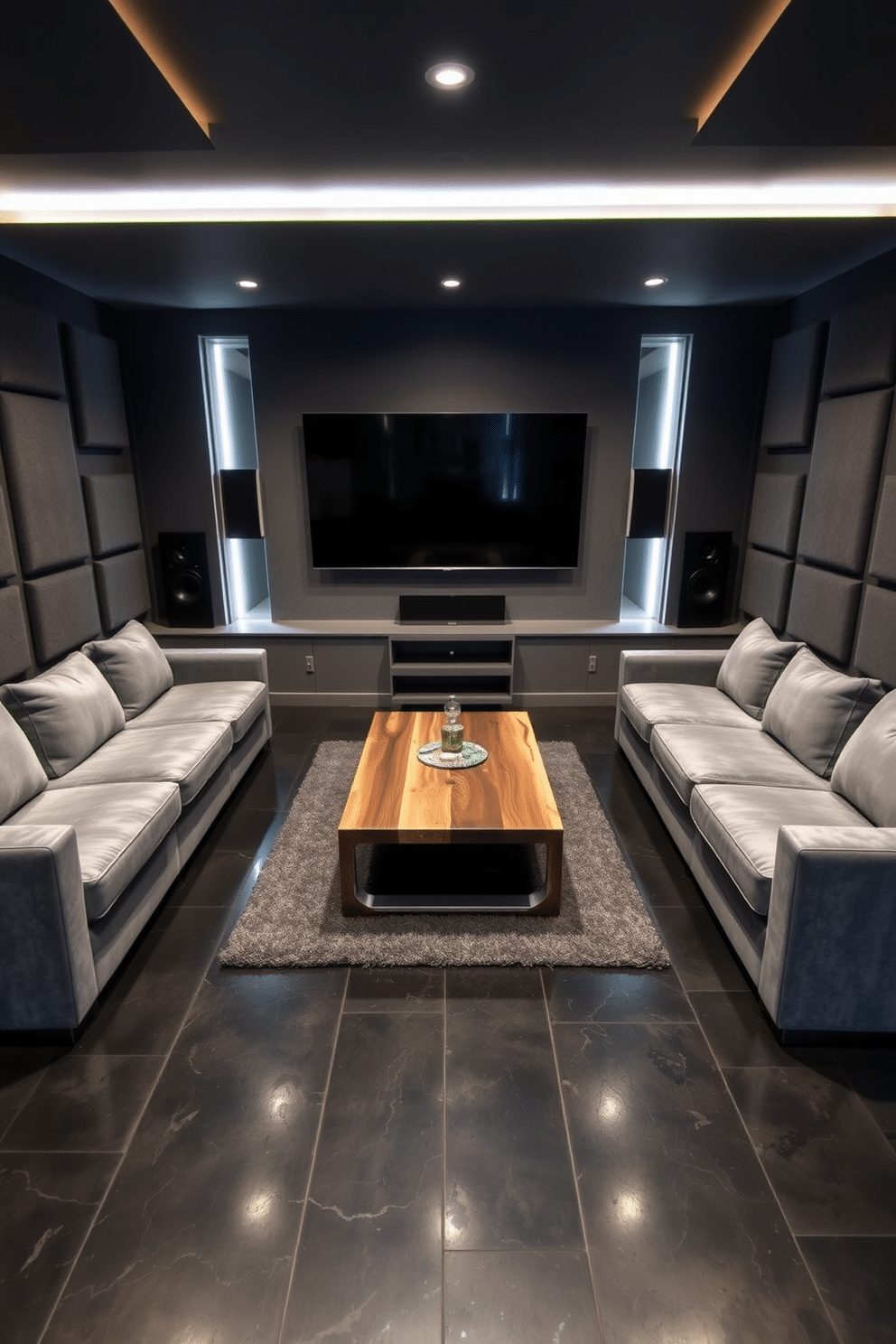 A modern game room featuring soundproofing panels strategically placed on the walls to enhance noise reduction. The design includes a plush gray sectional sofa facing a large flat-screen TV, with a sleek coffee table made of reclaimed wood in the center. The flooring is a dark, polished concrete, providing a contemporary contrast to the soft textures of the furniture. Accent lighting in the form of LED strips highlights the soundproof panels, creating an inviting atmosphere for gaming sessions.