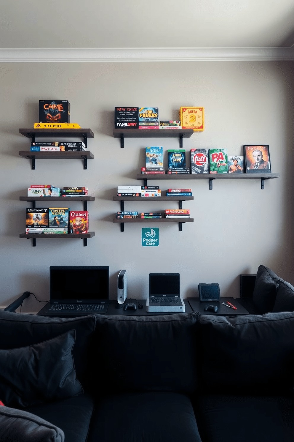 A modern game room featuring wall-mounted shelves that elegantly display a variety of board games and gaming consoles. The walls are painted in a soft gray, complemented by plush seating in darker shades, creating a cozy yet stylish atmosphere.