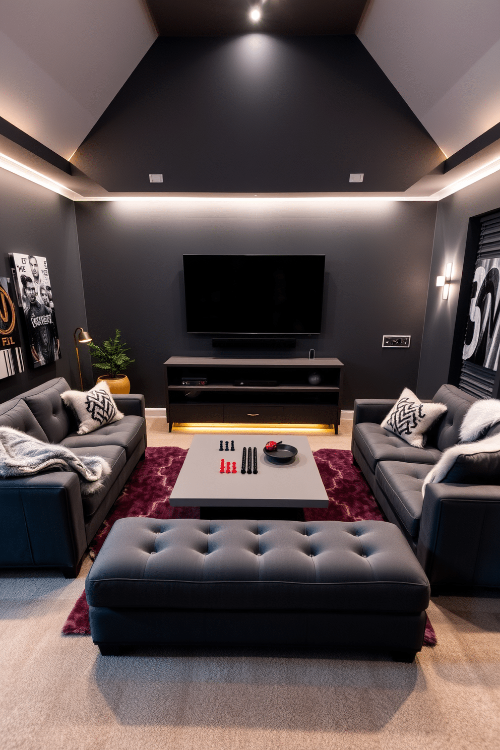 A stylish game room designed for relaxation and entertainment. The space features a plush gray sectional sofa adorned with faux fur throws for added warmth and texture. The walls are painted in a soft charcoal hue, complemented by ambient lighting that creates a cozy atmosphere. A sleek coffee table sits in the center, surrounded by modern game accessories and a large flat-screen TV mounted above a minimalist media console.