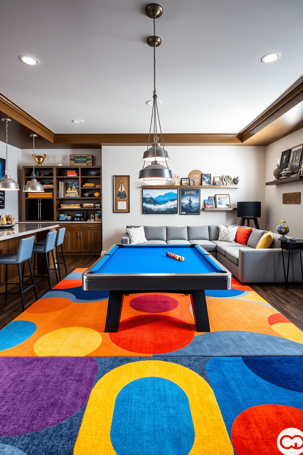 A vibrant area rug in shades of blue, orange, and yellow anchors the game room, creating a lively focal point. Surrounding the rug, a cozy sectional sofa in a neutral gray complements the playful colors, providing ample seating for friends and family. The game room features a sleek gray pool table positioned centrally, with stylish pendant lights hanging above to illuminate the space. On one side, a custom-built bar with high stools offers a perfect spot for refreshments, while wall-mounted shelves display an array of board games and trophies.