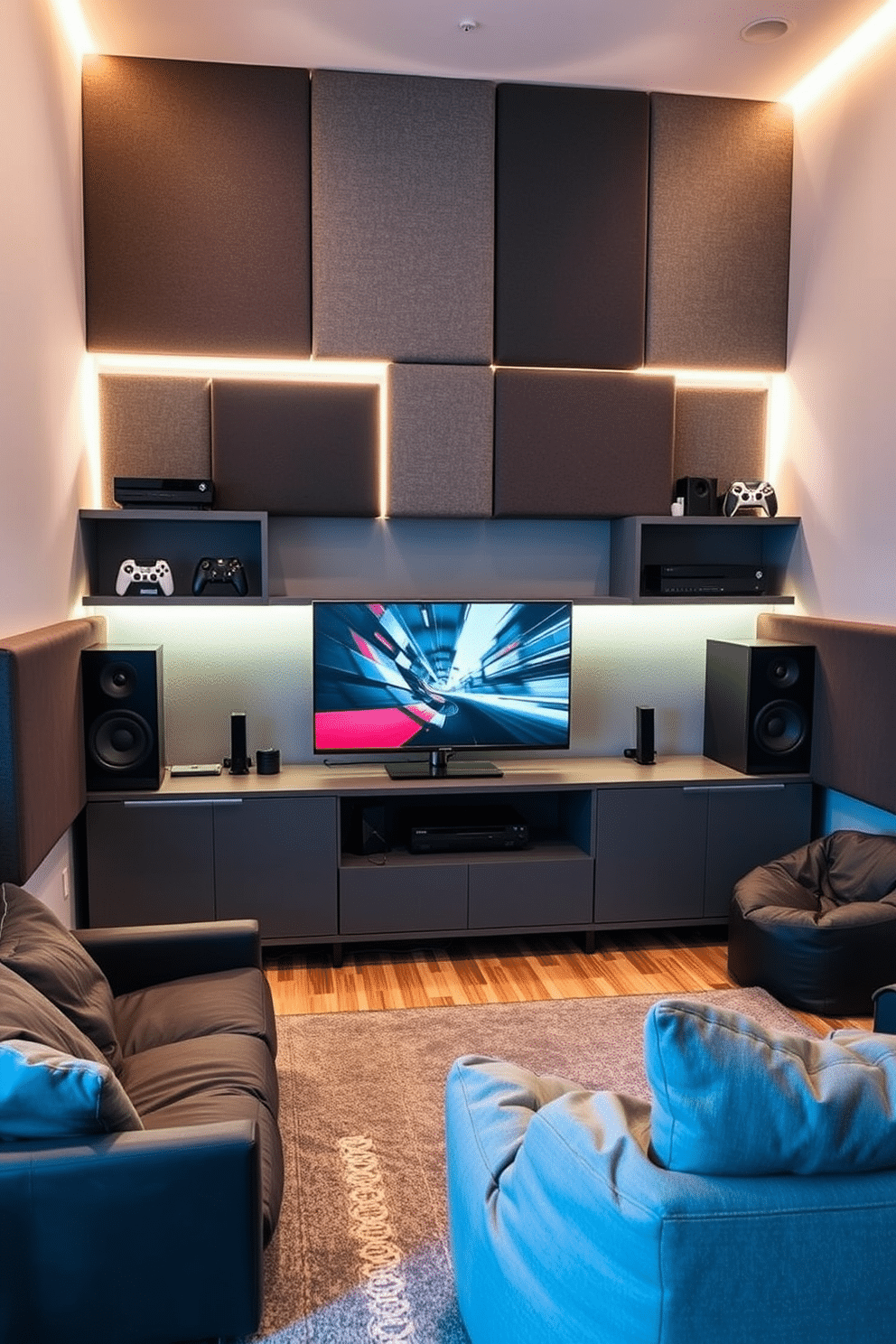 A modern gaming console station designed for sleek cable management features a low-profile entertainment unit in a matte gray finish. The walls are adorned with soundproof panels in varying shades of gray, enhancing both aesthetics and acoustics while providing a cozy gaming atmosphere. The room is illuminated by LED strip lights along the edges of the shelves, creating a dynamic ambiance. Plush seating options, such as a sectional sofa and bean bags, provide comfort during extended gaming sessions, complemented by a stylish area rug that ties the space together.