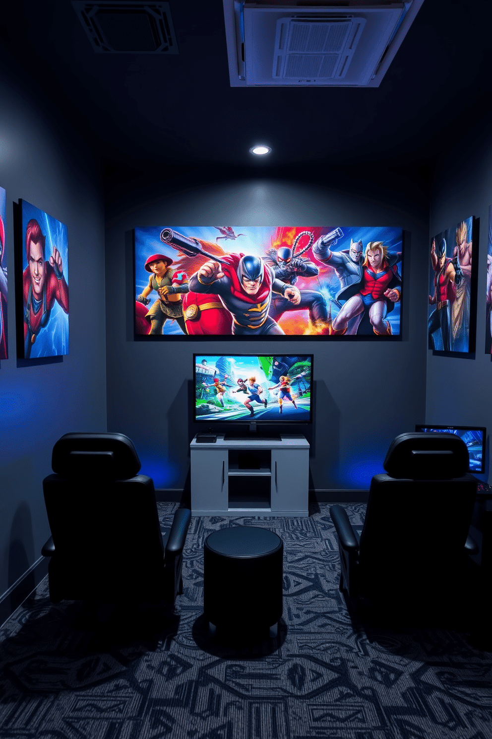 A modern game room featuring artwork of favorite game characters displayed on the walls, creating a vibrant and immersive atmosphere. The room is designed with a sleek gray color palette, complemented by comfortable seating and ambient lighting to enhance the gaming experience.