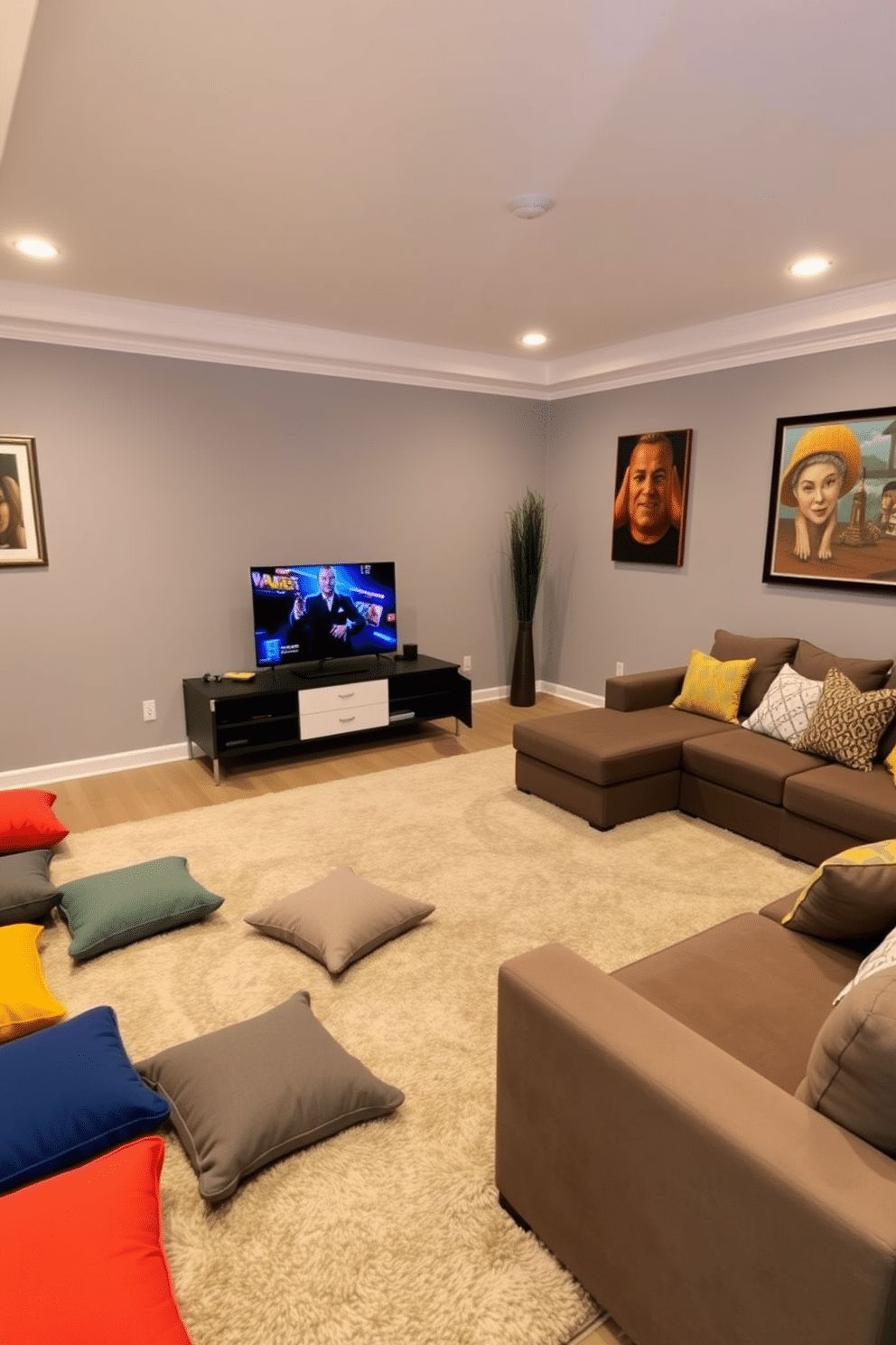 A cozy game room featuring flexible seating arrangements with colorful floor cushions scattered throughout the space. The walls are painted in a soft gray hue, complemented by a plush, oversized area rug that adds warmth to the room. In one corner, a sleek gaming console is set up on a modern media unit, while a large sectional sofa provides additional seating. Stylish wall art and ambient lighting create an inviting atmosphere, perfect for entertaining friends or enjoying a game night.