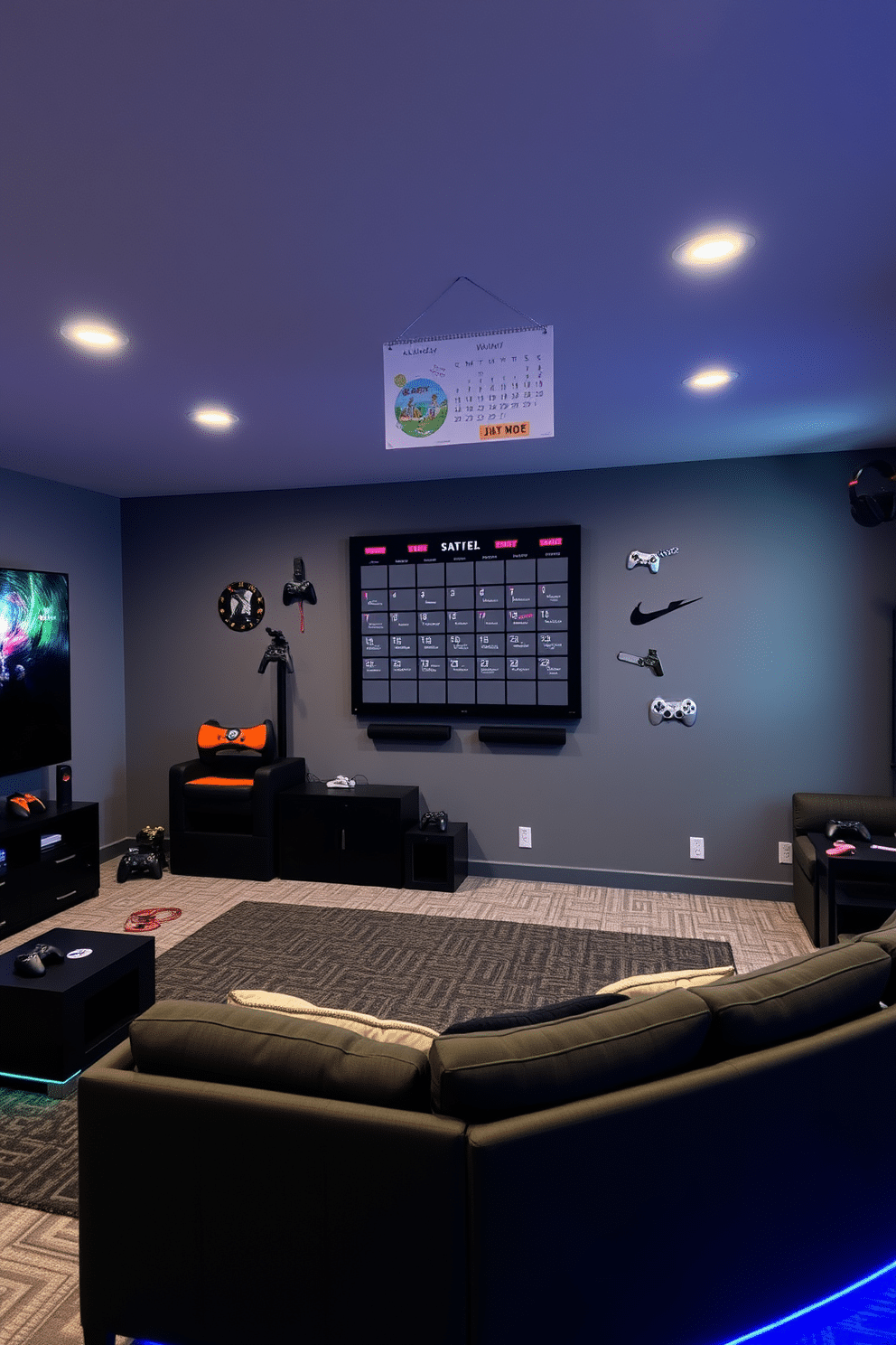 A personalized wall calendar hangs prominently in a stylish game room, featuring custom artwork and playful fonts that highlight special game nights. The walls are painted a cool gray, complementing sleek, modern furniture and vibrant gaming accessories scattered throughout the space. The room features a plush sectional sofa in a dark gray fabric, inviting relaxation and comfort during intense gaming sessions. A large wall-mounted screen dominates one end, surrounded by ambient LED lighting that enhances the overall atmosphere.