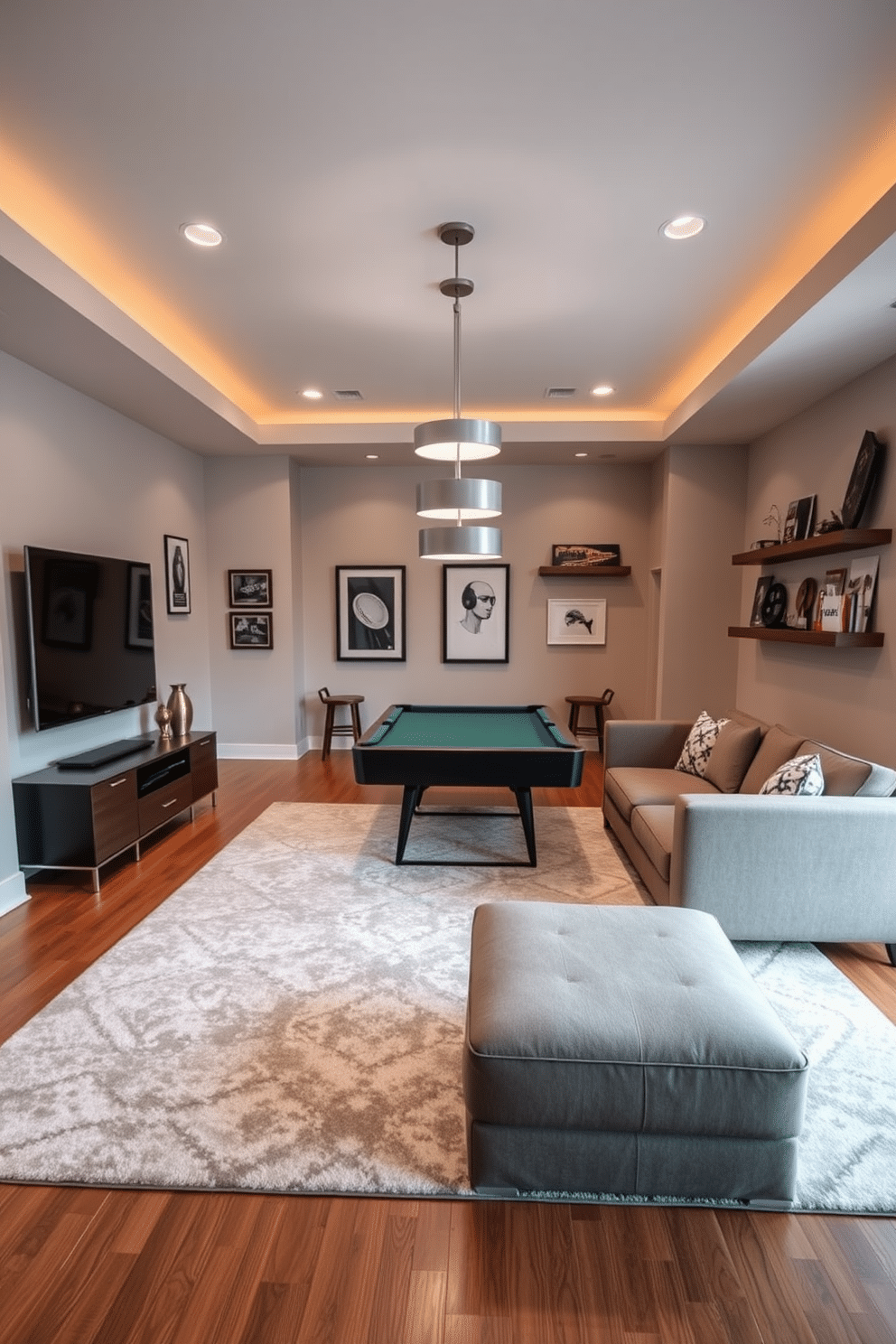 A cozy game room featuring a large neutral rug that adds warmth and softness to the hardwood floor. The room is designed with a modern sectional sofa in muted tones, facing a sleek entertainment unit that holds a large flat-screen TV. In one corner, a stylish pool table is complemented by contemporary pendant lighting overhead. The walls are adorned with framed artwork and shelves displaying game memorabilia, creating an inviting atmosphere for relaxation and entertainment.