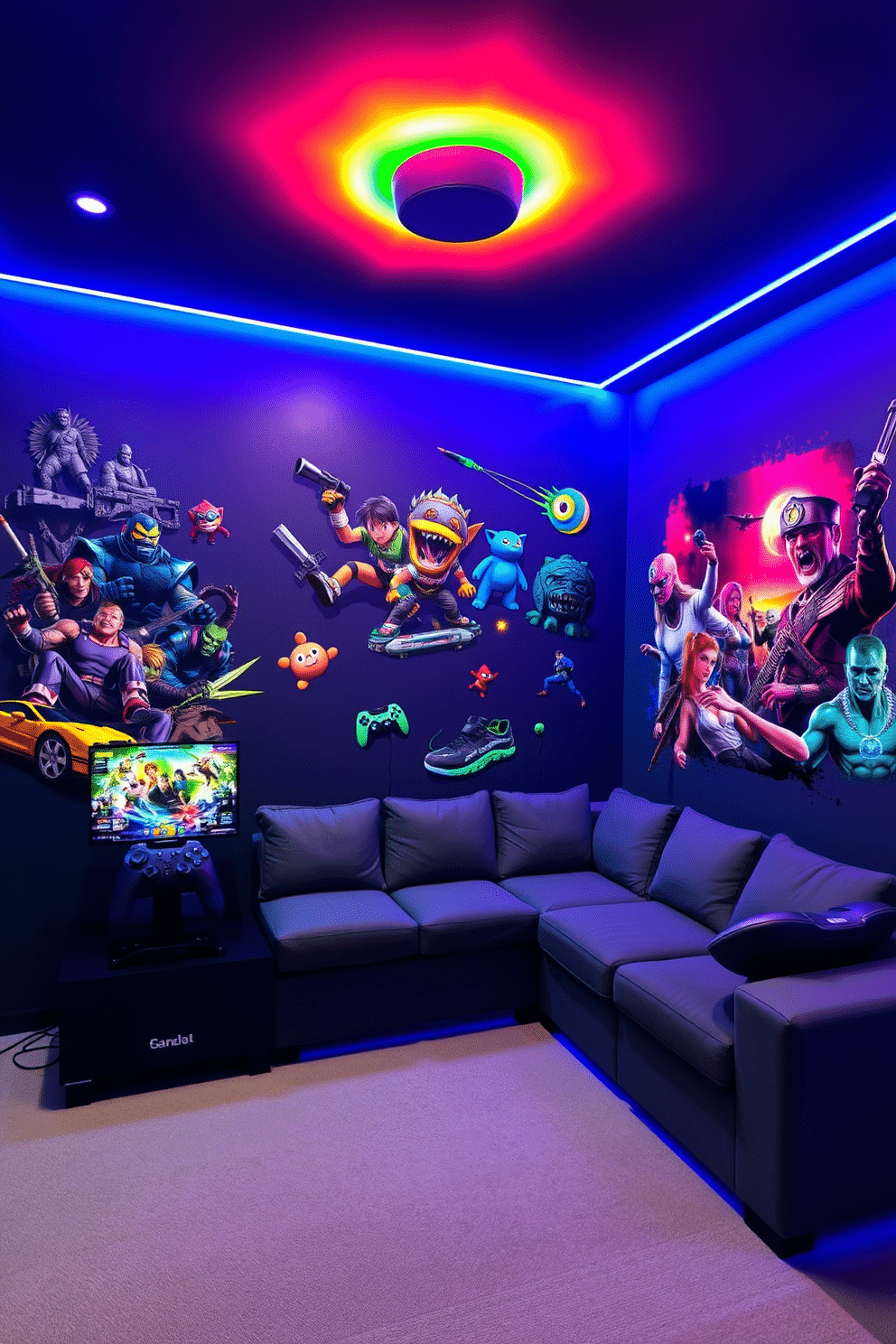 A dynamic game room featuring vibrant gaming-themed wall decals that showcase iconic characters and scenes. The walls are painted in a deep gray, creating a sleek backdrop that enhances the colorful decals and adds personality to the space. The room includes a large sectional sofa in a contrasting shade, perfect for comfortable gaming sessions. Ambient LED lighting in various hues illuminates the area, providing an immersive atmosphere for players.