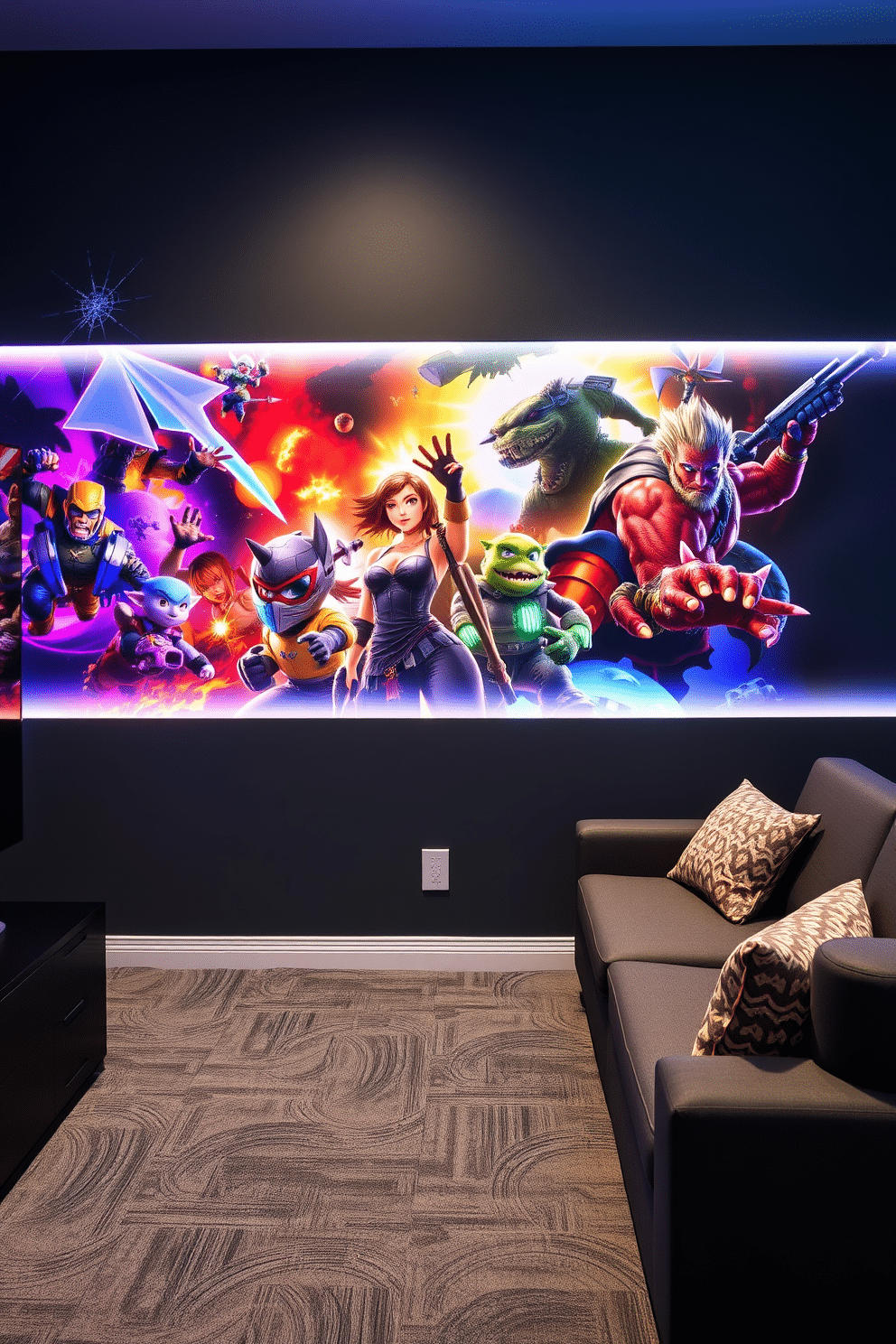 A striking accent wall features vibrant gaming-themed artwork, showcasing iconic characters and scenes that energize the space. The room is designed with a sleek gray palette, complemented by comfortable seating and ambient lighting for an immersive gaming experience.