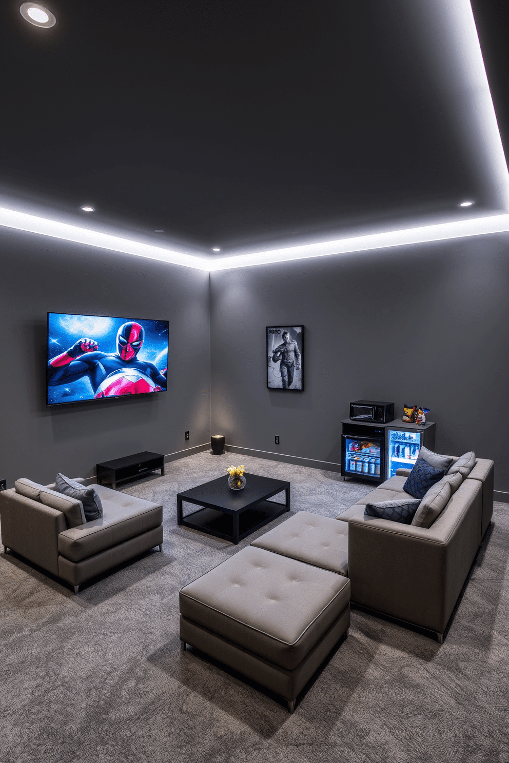 A modern game room featuring sleek gray walls and plush gray carpeting. The space is illuminated by LED strip lights that provide a soft ambient glow, highlighting a large sectional sofa and a stylish coffee table. In one corner, a game console is set up with a large flat-screen TV mounted on the wall. The room is accessorized with contemporary artwork and a mini-fridge stocked with snacks and drinks for an inviting atmosphere.