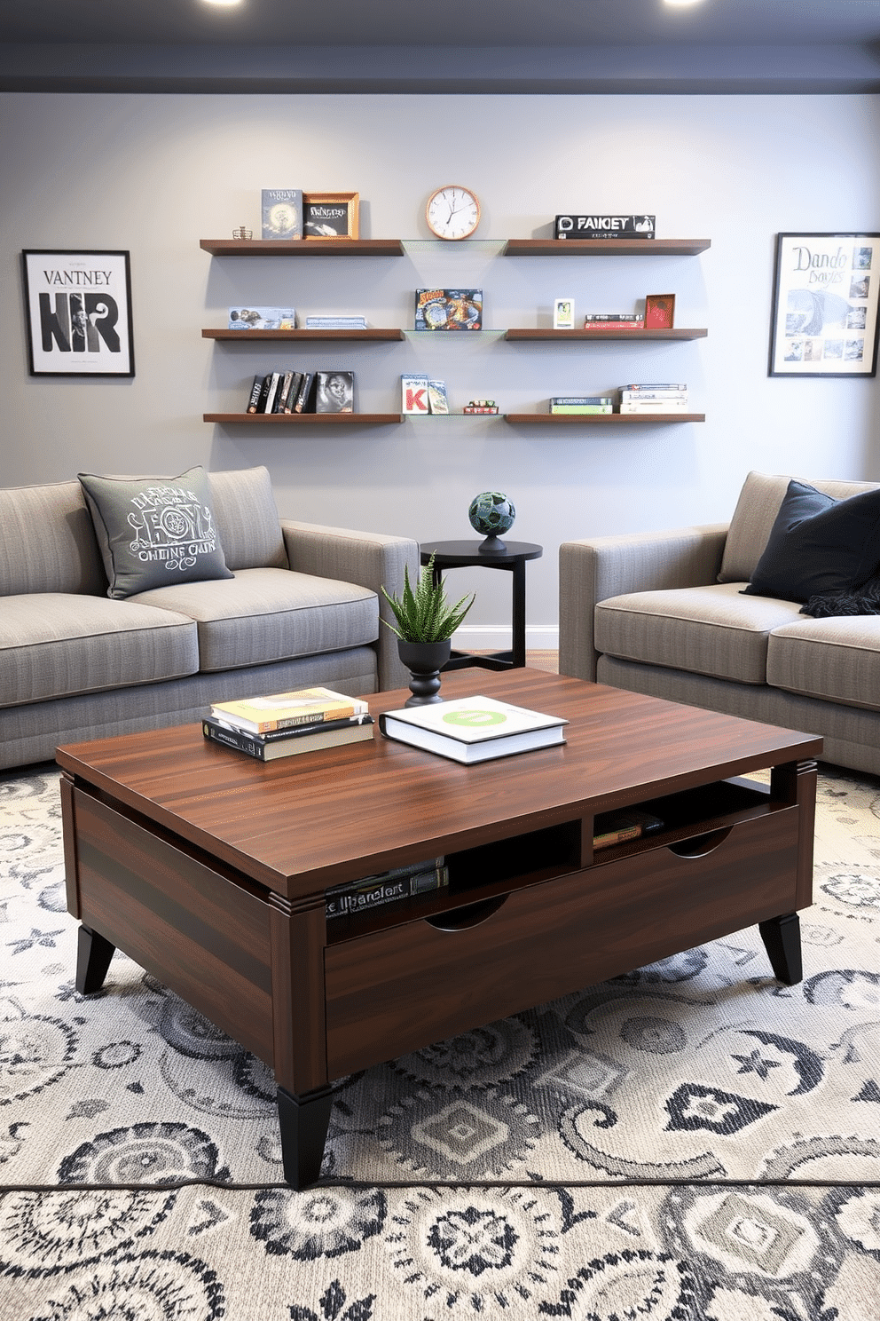 A stylish multi-functional coffee table with built-in storage sits at the center of a cozy game room. The table features a sleek design with a rich wood finish, complemented by decorative books and a small potted plant on top. The game room is designed with a modern gray color palette, featuring comfortable seating and soft lighting. Wall-mounted shelves display board games and gaming accessories, creating an inviting space for relaxation and entertainment.