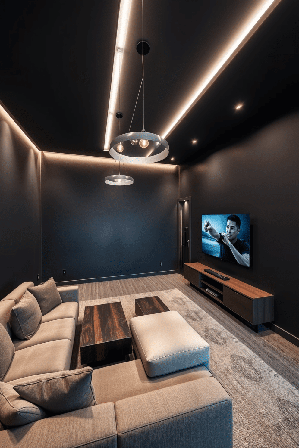 A sleek game room with dark gray walls creates a dramatic and modern atmosphere. The space features a plush sectional sofa in a contrasting light color, paired with a stylish coffee table and a large flat-screen TV mounted above a minimalist entertainment unit. In one corner, a pool table with a rich wooden finish adds a touch of elegance. Ambient lighting fixtures, such as pendant lights and LED strips, highlight the room’s features while enhancing the overall mood.