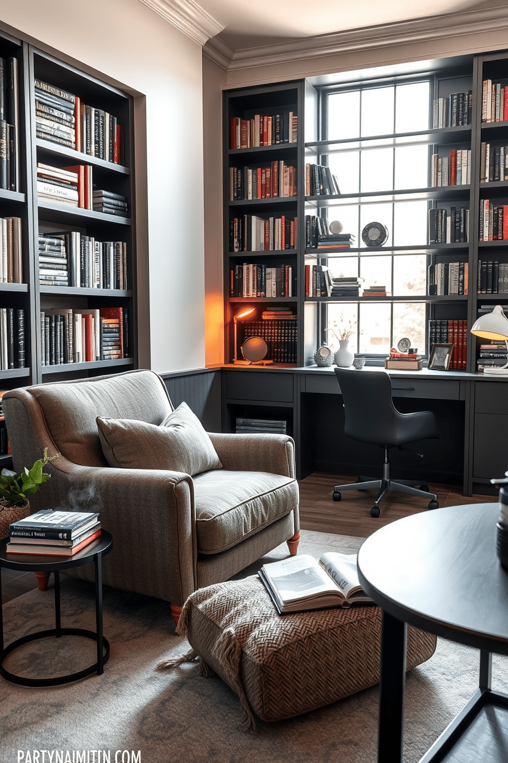 A cozy reading nook features a plush, oversized armchair upholstered in soft, textured fabric, positioned near a large window that allows natural light to flood the space. A small side table holds a steaming cup of tea and a stack of well-loved books, while a warm throw blanket is draped over the armchair for added comfort. The gray home library design showcases floor-to-ceiling bookshelves filled with a curated collection of books, accented by decorative objects and personal mementos. A sleek, modern desk with a comfortable chair provides a dedicated workspace, while soft lighting creates an inviting atmosphere perfect for reading and reflection.