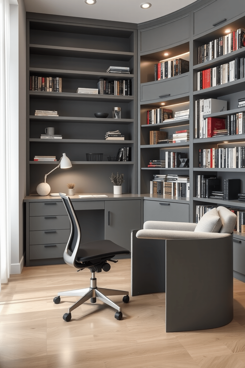 A stylish gray desk is positioned in a modern workspace, featuring sleek lines and a minimalist design. The desk is complemented by a comfortable ergonomic chair and is adorned with a small potted plant and a stylish desk lamp for added functionality. The gray home library is designed with built-in shelves that stretch from floor to ceiling, filled with an array of books and decorative items. Soft ambient lighting highlights the cozy reading nook, which includes a plush armchair and a small side table for beverages.