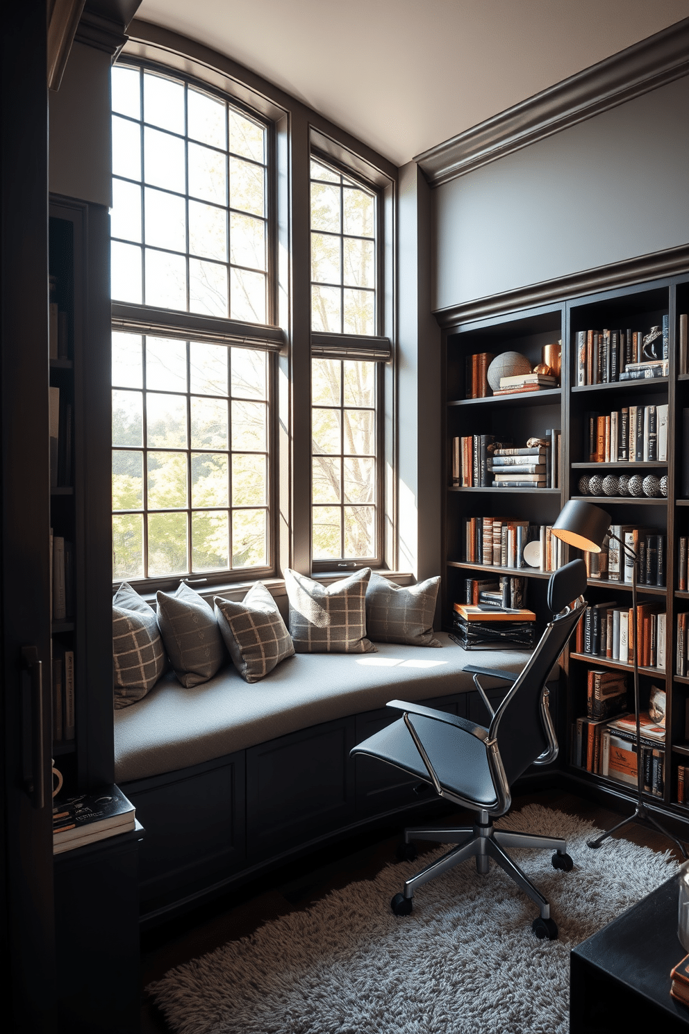 A cozy window seat adorned with plush cushions invites relaxation, bathed in natural light streaming through large, panoramic windows. The surrounding walls are lined with dark wood bookshelves, filled with an eclectic mix of books and decorative items, creating an inviting and intellectual atmosphere. The gray home library features a soft, neutral color palette, with elegant gray walls complemented by a plush area rug. A sleek, modern desk sits in the corner, paired with a stylish ergonomic chair, while ambient lighting from a contemporary floor lamp enhances the space's warmth and sophistication.