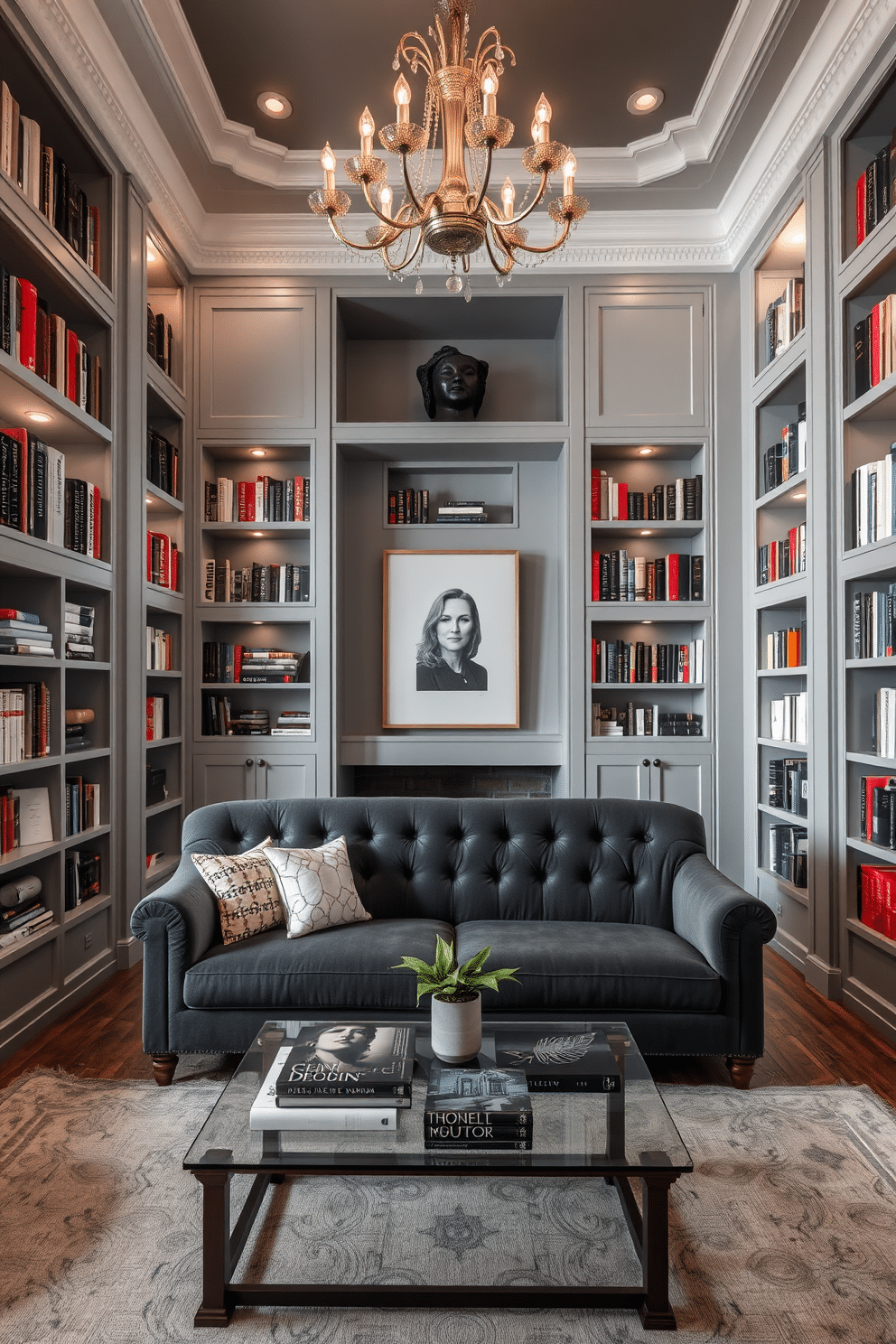 A stunning gray home library features elegant built-in bookshelves that stretch from floor to ceiling, filled with a curated selection of classic literature and modern design books. A plush, deep gray velvet sofa is positioned in the center, accompanied by a sleek glass coffee table adorned with decorative books and a small potted plant. The focal point of the room is an exquisite chandelier that hangs gracefully from the ceiling, casting a warm glow over the space. Soft, ambient lighting complements the rich textures of the gray walls, creating a cozy yet sophisticated atmosphere perfect for reading and relaxation.