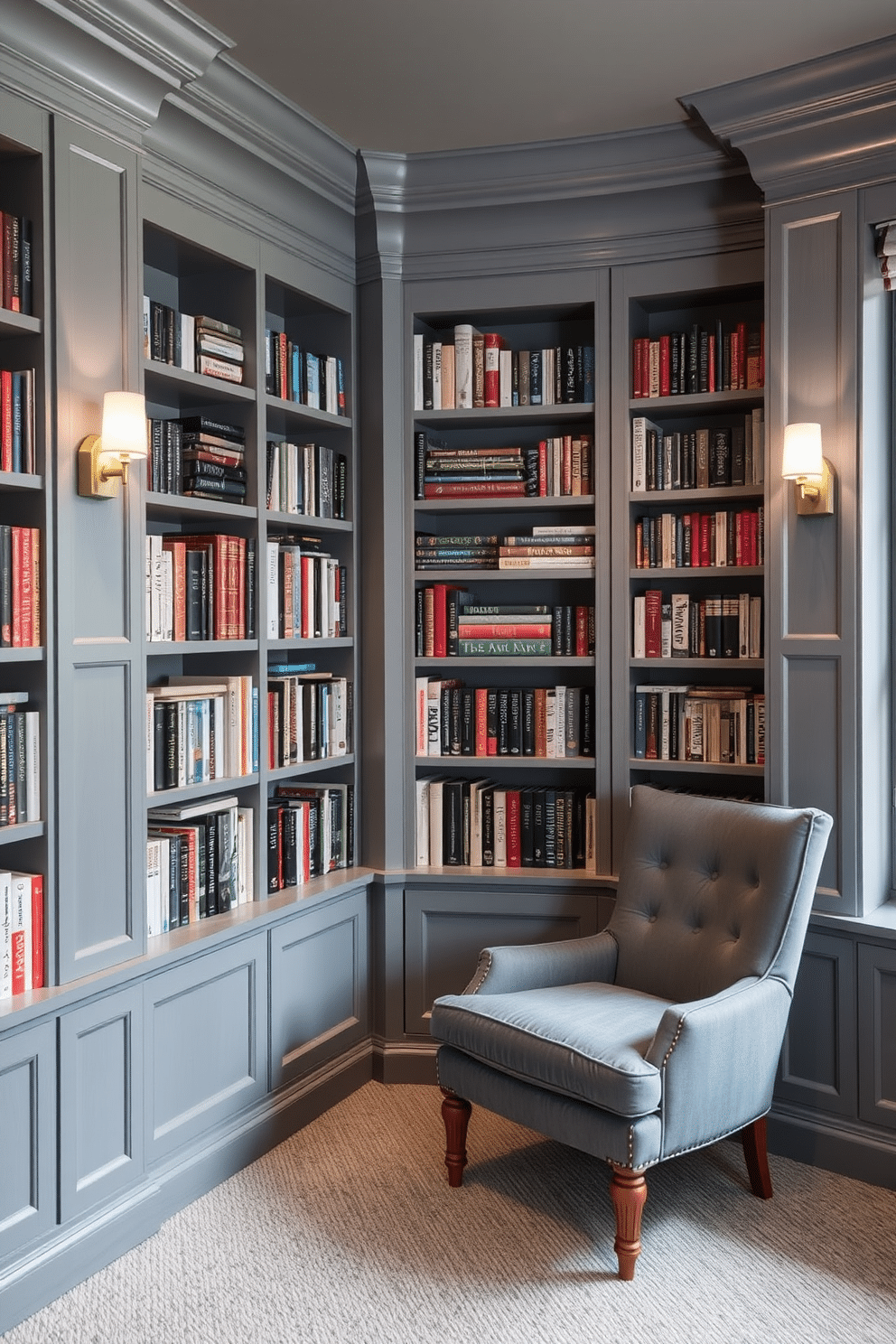 A cozy gray home library featuring wall-mounted reading lights for convenience. The walls are adorned with built-in bookshelves filled with an eclectic mix of books, while a plush gray armchair invites relaxation in the corner.