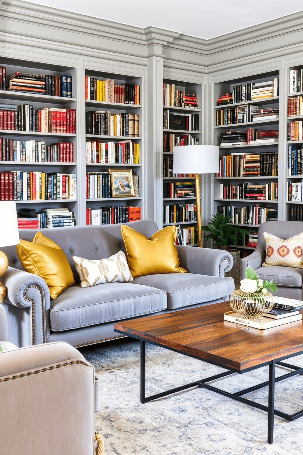 Eclectic decor with gray and gold accents. The room features a mix of vintage and modern furniture, including a plush gray sofa adorned with gold throw pillows and a unique coffee table made of reclaimed wood and metal. Gray Home Library Design Ideas. The library showcases floor-to-ceiling bookshelves filled with books, accented by a cozy reading nook with a gray armchair and a gold floor lamp, creating an inviting atmosphere for reading and relaxation.