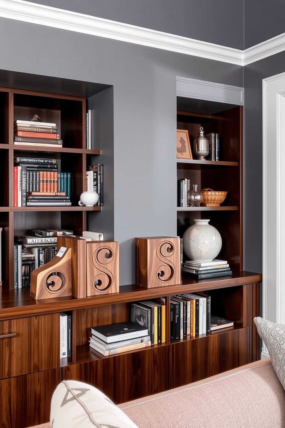 Personalized bookends crafted from reclaimed wood provide a unique flair, showcasing intricate carvings that reflect the owner's personality. The bookends are placed on a sleek, dark walnut shelf filled with an eclectic mix of books and decorative items. The home library features a sophisticated gray color palette, with walls painted in a soft charcoal hue that creates a cozy atmosphere. Plush seating in a lighter gray complements the space, while warm lighting highlights the rich textures of the room.