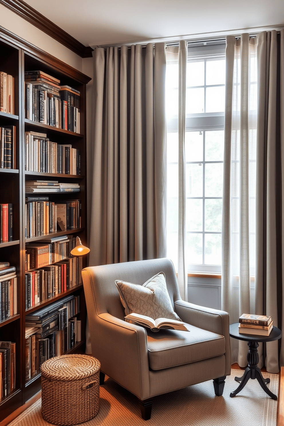 A cozy home library featuring neutral gray curtains that gently filter soft light into the space. The walls are lined with dark wood bookshelves filled with an array of books, and a plush gray armchair sits invitingly in the corner, accompanied by a small side table and a warm reading lamp.