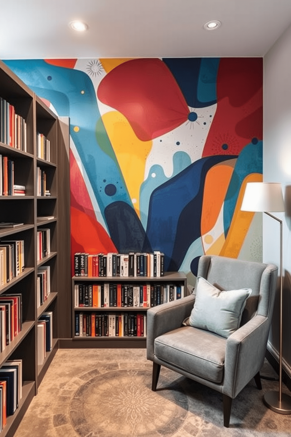 Artistic mural for a creative vibe. The mural features vibrant colors and abstract shapes, creating an inspiring backdrop for reading and relaxation. Gray home library design ideas. The library showcases sleek gray bookshelves filled with books, paired with a cozy reading nook featuring a plush armchair and soft lighting for an inviting atmosphere.