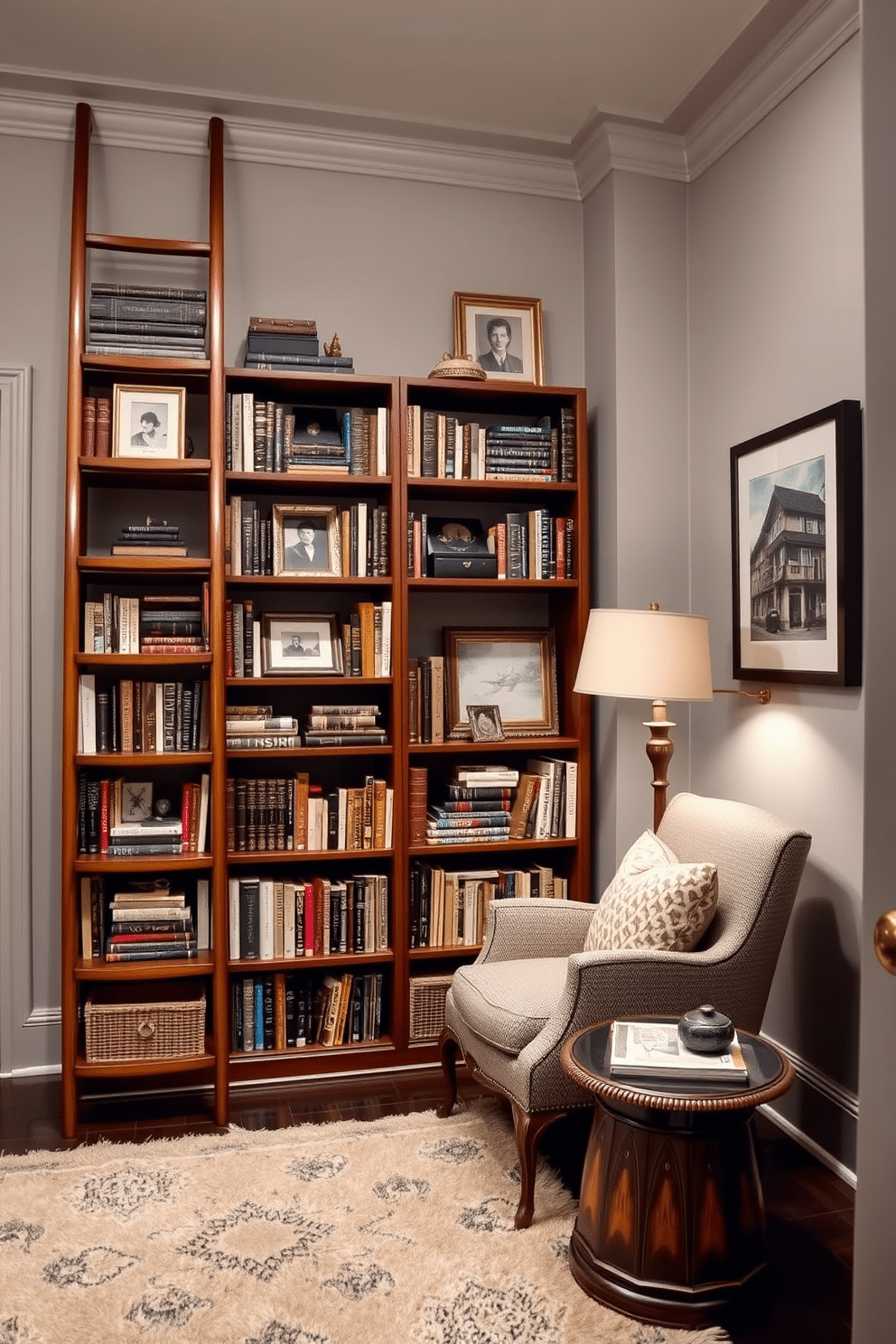 A charming gray home library features a classic ladder bookshelf made of rich mahogany, elegantly reaching up to the ceiling. The shelves are filled with an array of books, decorative boxes, and framed photos, creating a warm and inviting atmosphere. Soft gray walls complement the dark wood accents, while a plush area rug anchors the space. A cozy reading nook with a vintage armchair and a small side table invites relaxation, illuminated by a stylish floor lamp in the corner.