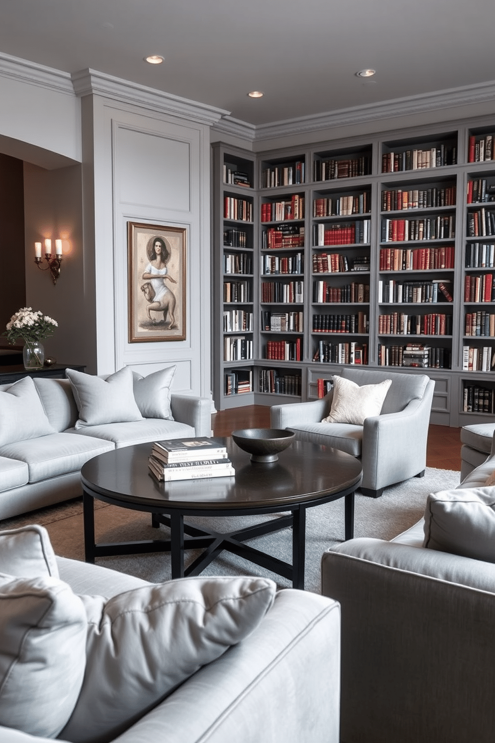 A round coffee table in soft gray tones sits at the center of a cozy living room, surrounded by plush, oversized sofas in complementary shades. The table is adorned with a stack of art books and a decorative bowl, creating an inviting focal point for conversation. The gray home library features built-in bookshelves that stretch from floor to ceiling, filled with an extensive collection of literature. Soft lighting from elegant sconces casts a warm glow, while a comfortable reading chair invites relaxation in this tranquil space.