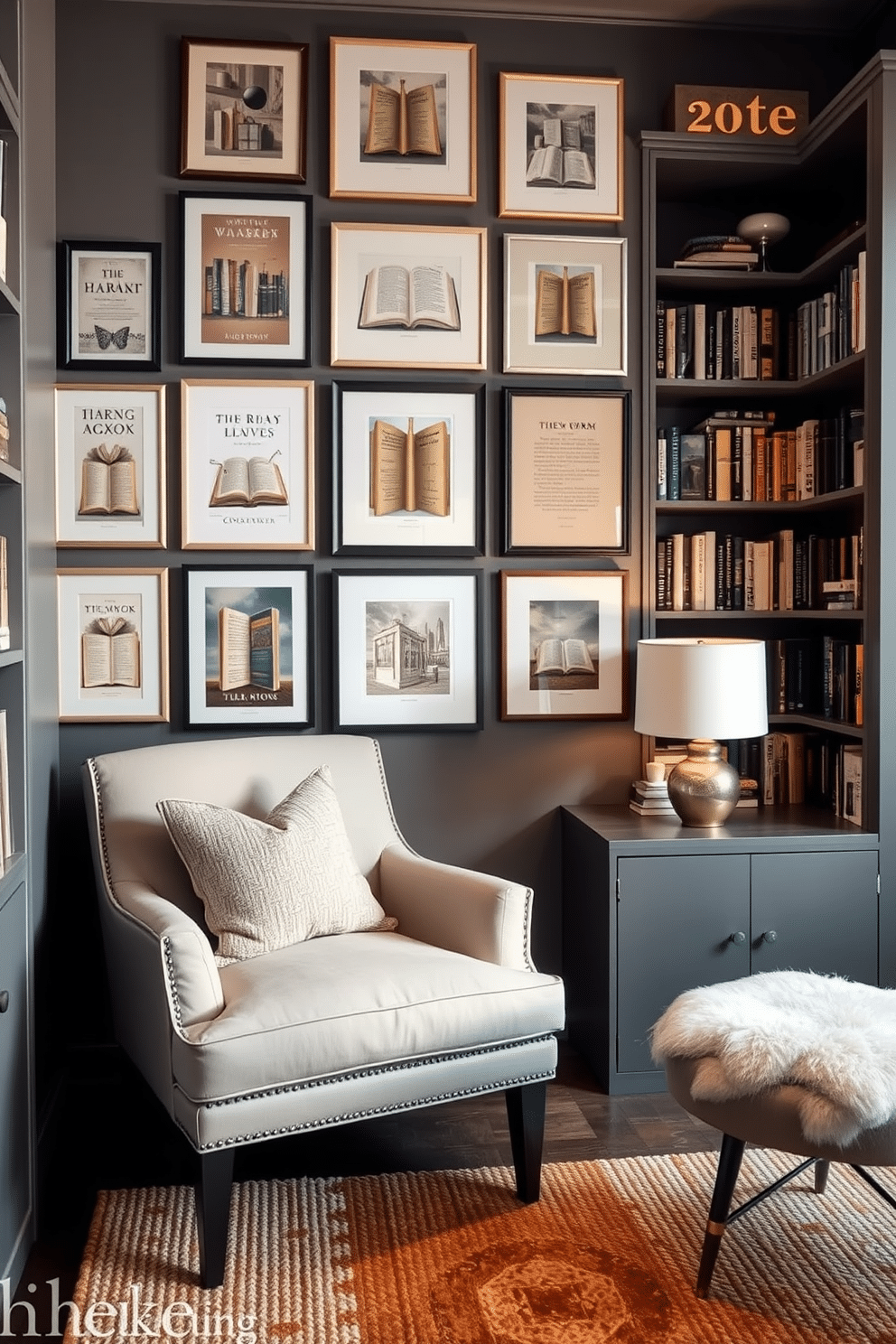 A cozy home library features a gallery wall adorned with book-themed prints in various frames, creating an inviting atmosphere for readers. Soft, ambient lighting highlights the artwork while a plush armchair sits nearby, inviting you to curl up with a good book. The library is designed with gray tones, showcasing sleek bookshelves filled with an array of novels and decorative items. A warm, textured rug anchors the space, complementing the gray walls and providing a comfortable spot for reading or reflection.