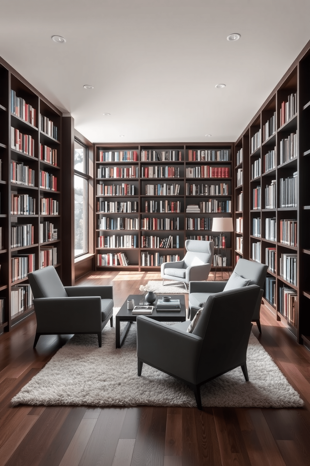 Sleek gray lounge chairs are positioned around a modern coffee table, creating an inviting space for relaxation. The chairs feature minimalist designs with soft upholstery, complemented by a plush area rug beneath them. The home library is designed with dark wood bookshelves that stretch from floor to ceiling, filled with an array of books. Large windows allow natural light to flood the room, highlighting the cozy reading nook with a gray lounge chair and a small side table.