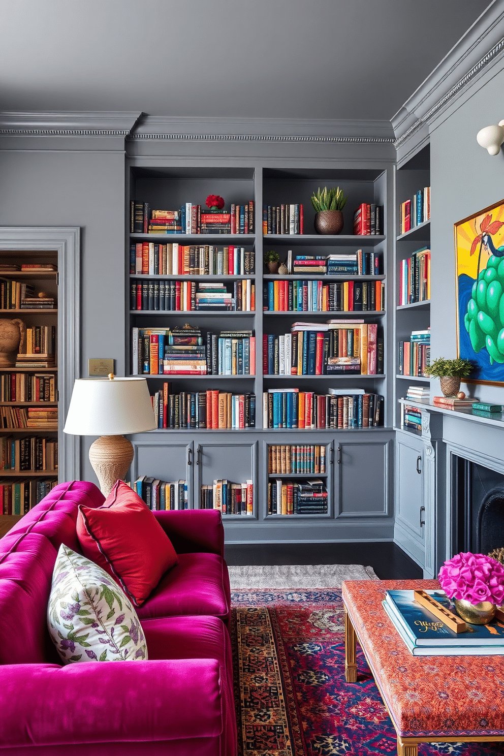 A cozy gray home library filled with shelves of books, accented by vibrant accessories and decor. Plush seating in rich jewel tones invites relaxation, while colorful artwork adorns the walls, bringing life to the serene gray palette.