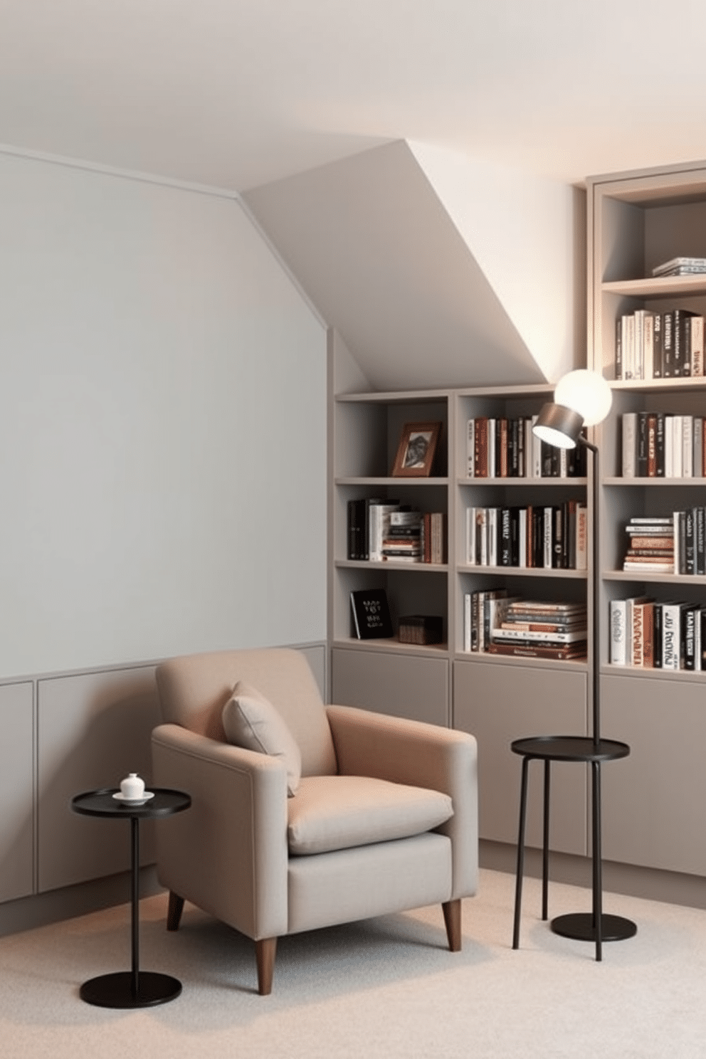 A minimalist home library featuring clean lines and a serene ambiance. The walls are painted in a soft gray hue, complemented by sleek, built-in shelves that display an array of books and decorative items. A large, comfortable reading chair in a muted fabric sits in one corner, accompanied by a small, modern side table. Soft, ambient lighting from a minimalist floor lamp enhances the cozy atmosphere, inviting relaxation and focus.