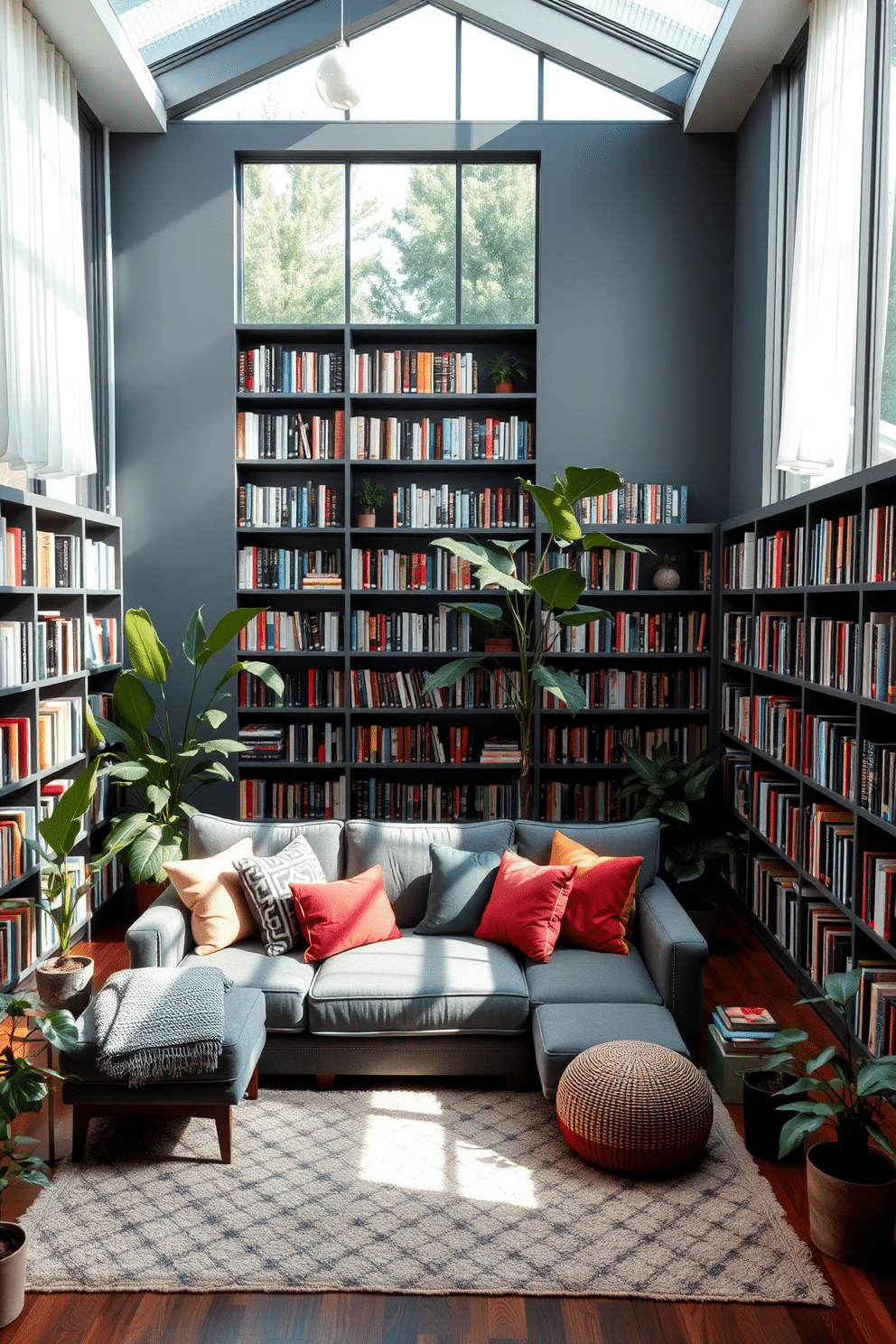 A cozy gray home library featuring floor-to-ceiling bookshelves filled with an array of books. A plush gray sectional sofa is positioned in the center, accented by colorful throw pillows and a soft area rug beneath. Large windows allow natural light to flood the space, with sheer curtains gently filtering the sunlight. Potted plants are strategically placed around the room, adding a touch of greenery and creating a fresh, inviting atmosphere.