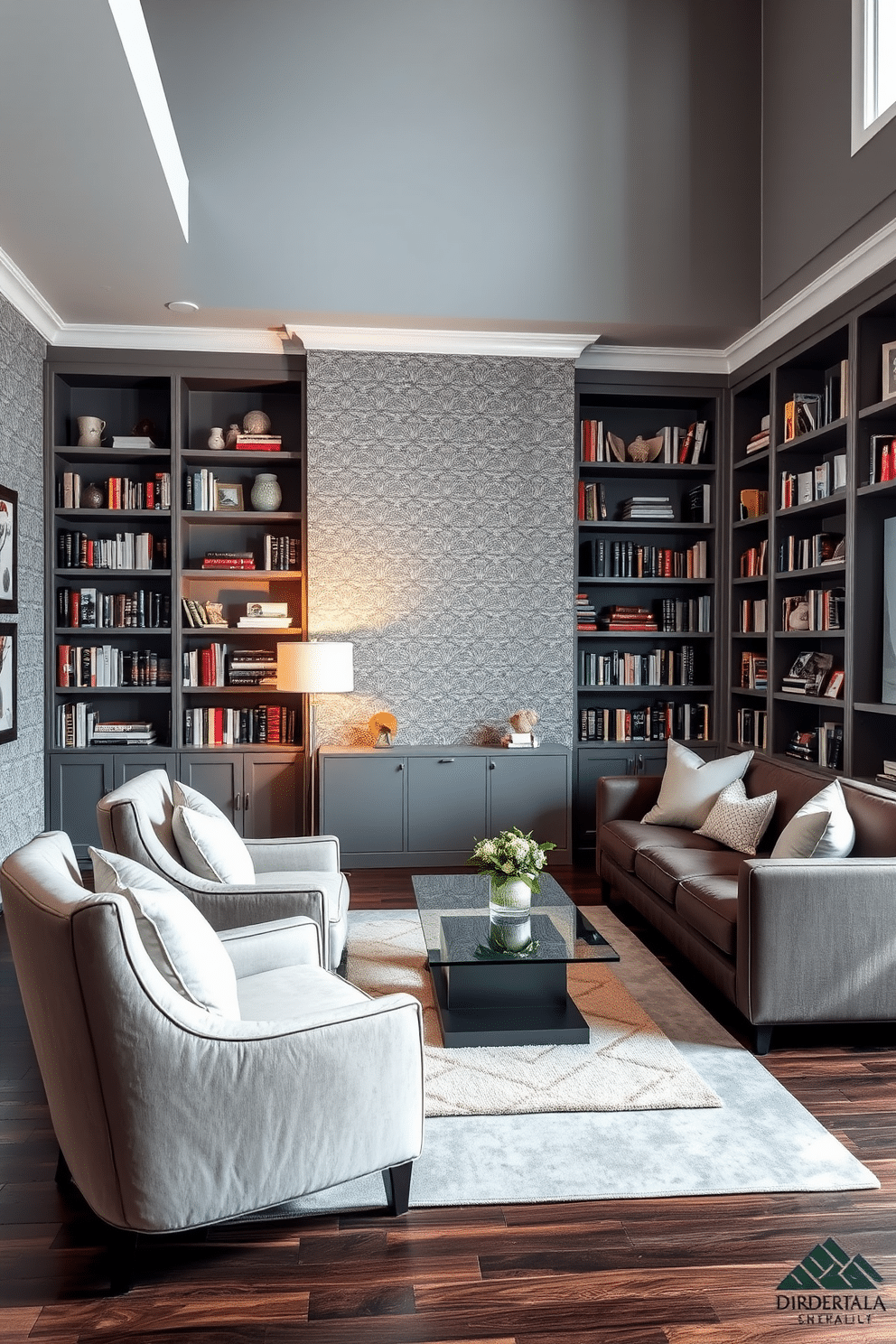 Chic gray accent wall with intricate wallpaper, creating a dramatic backdrop for a cozy reading nook. Plush armchairs in soft fabrics are paired with a sleek glass coffee table, and a stylish floor lamp illuminates the space. Gray home library design featuring built-in bookshelves that stretch from floor to ceiling, filled with an array of books and decorative items. A large, comfortable sectional sofa invites relaxation, while a contemporary rug adds warmth to the sleek hardwood floor.