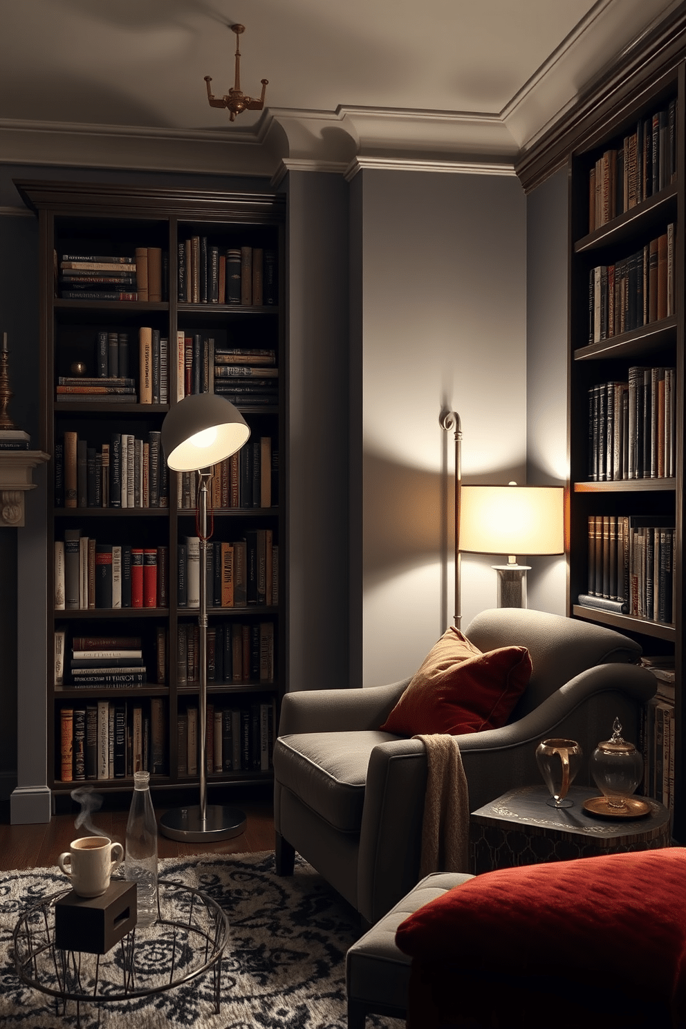 A cozy home library featuring layered lighting with elegant floor and table lamps to create a warm ambiance. The walls are lined with dark wooden bookshelves filled with an array of books, while a plush armchair sits invitingly in the corner, bathed in soft light. The color palette includes deep gray tones, complemented by rich textures such as a thick area rug and velvet cushions. A small side table holds a steaming cup of coffee, inviting you to settle in and enjoy a good read.