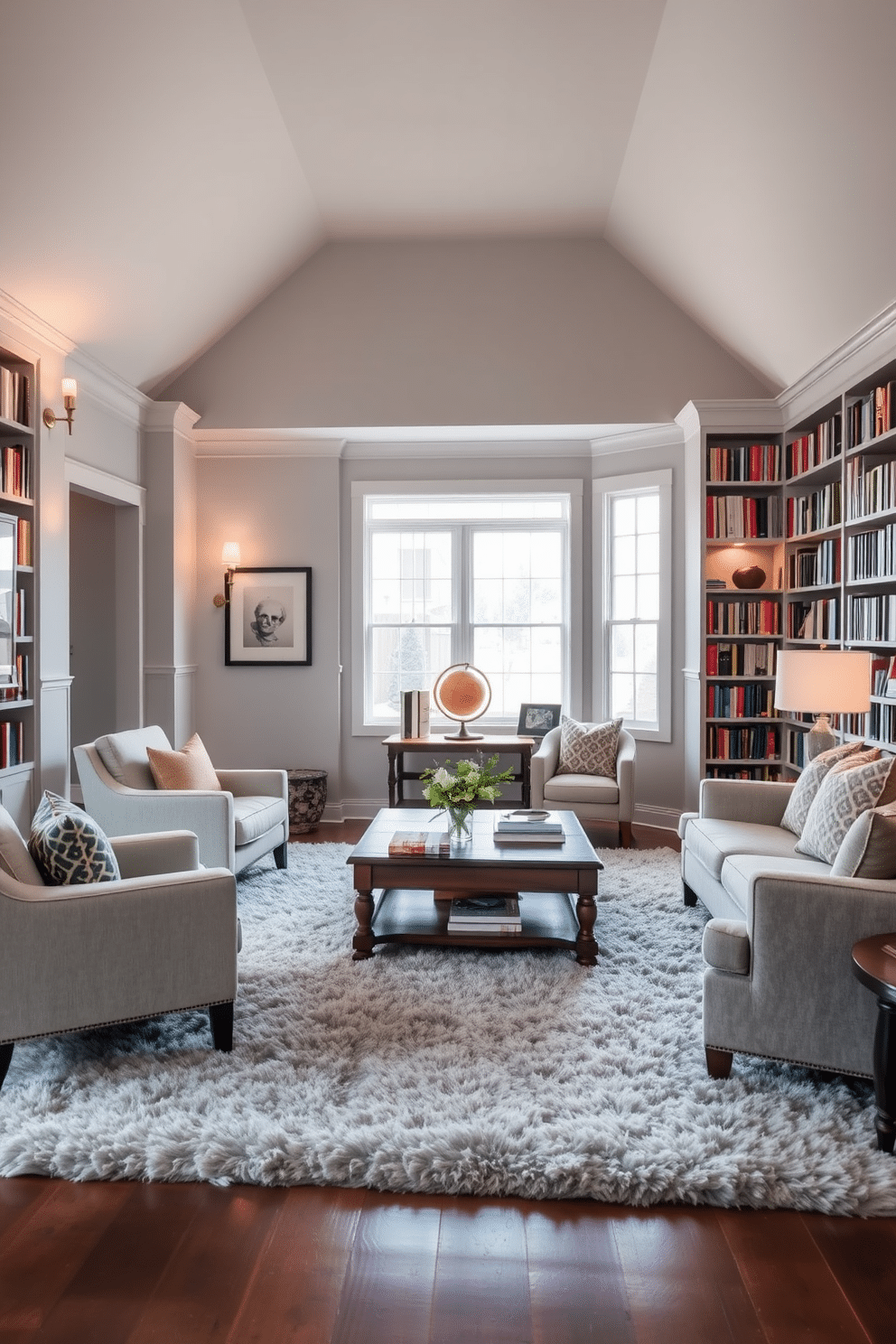 A cozy home library featuring soft gray walls that create a serene atmosphere. A plush soft gray area rug lies under a large wooden coffee table, surrounded by comfortable armchairs and a stylish sofa. Bookshelves filled with an array of books line the walls, accented by warm lighting from elegant sconces. A vintage globe and decorative bookends add character to the space, while a large window allows natural light to flood in, enhancing the inviting ambiance.