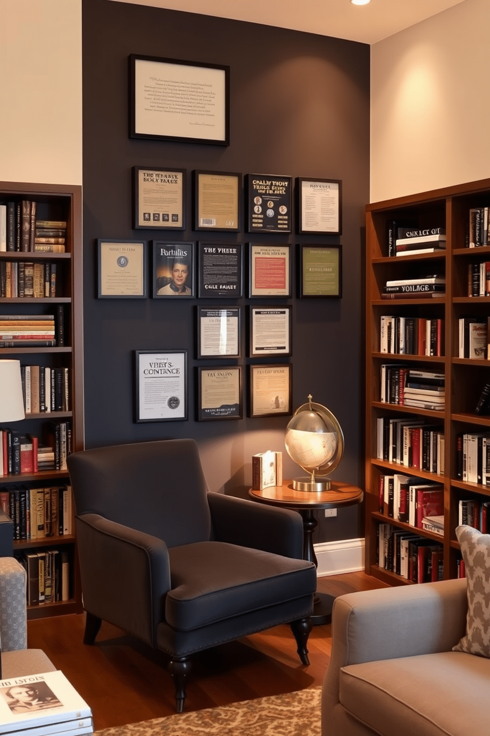 A cozy home library featuring an accent wall adorned with framed book art, showcasing a variety of literary genres. The room is illuminated by soft, warm lighting, creating an inviting atmosphere for reading and relaxation. The library is furnished with plush seating options, including a deep gray velvet armchair paired with a sleek wooden side table. Shelves filled with books line the remaining walls, complemented by decorative elements like a vintage globe and stylish bookends.