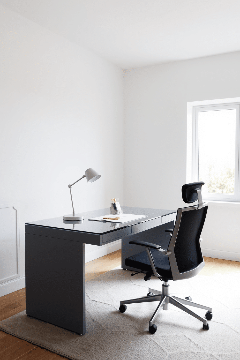 A sleek gray desk with glass accents sits in a modern home office, complemented by a stylish ergonomic chair. The walls are painted a soft white, enhancing the brightness of the space, while a large window allows natural light to flood in. On the desk, a minimalist lamp with a metallic finish provides focused lighting, and a few carefully arranged stationery items add a touch of personality. A plush area rug in a subtle geometric pattern anchors the room, creating a cozy atmosphere that invites productivity.