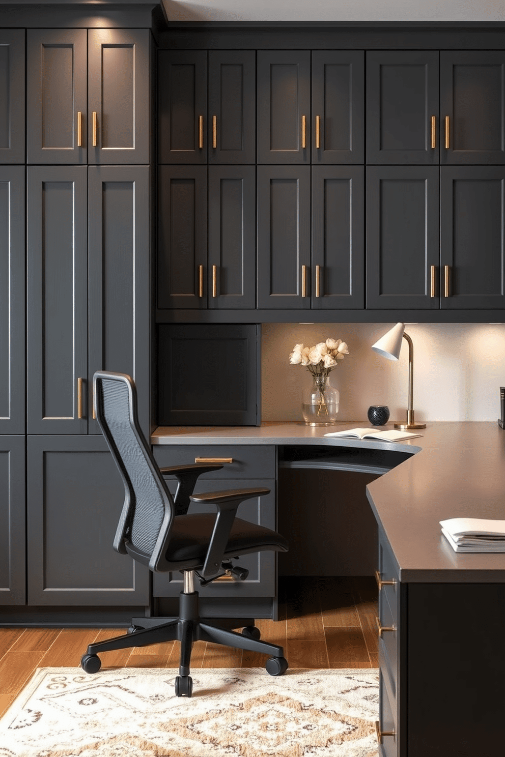 A modern home office featuring dark gray cabinets with sleek brass hardware. The space is accented with a large, minimalist desk and a comfortable ergonomic chair, complemented by warm lighting and a stylish area rug.