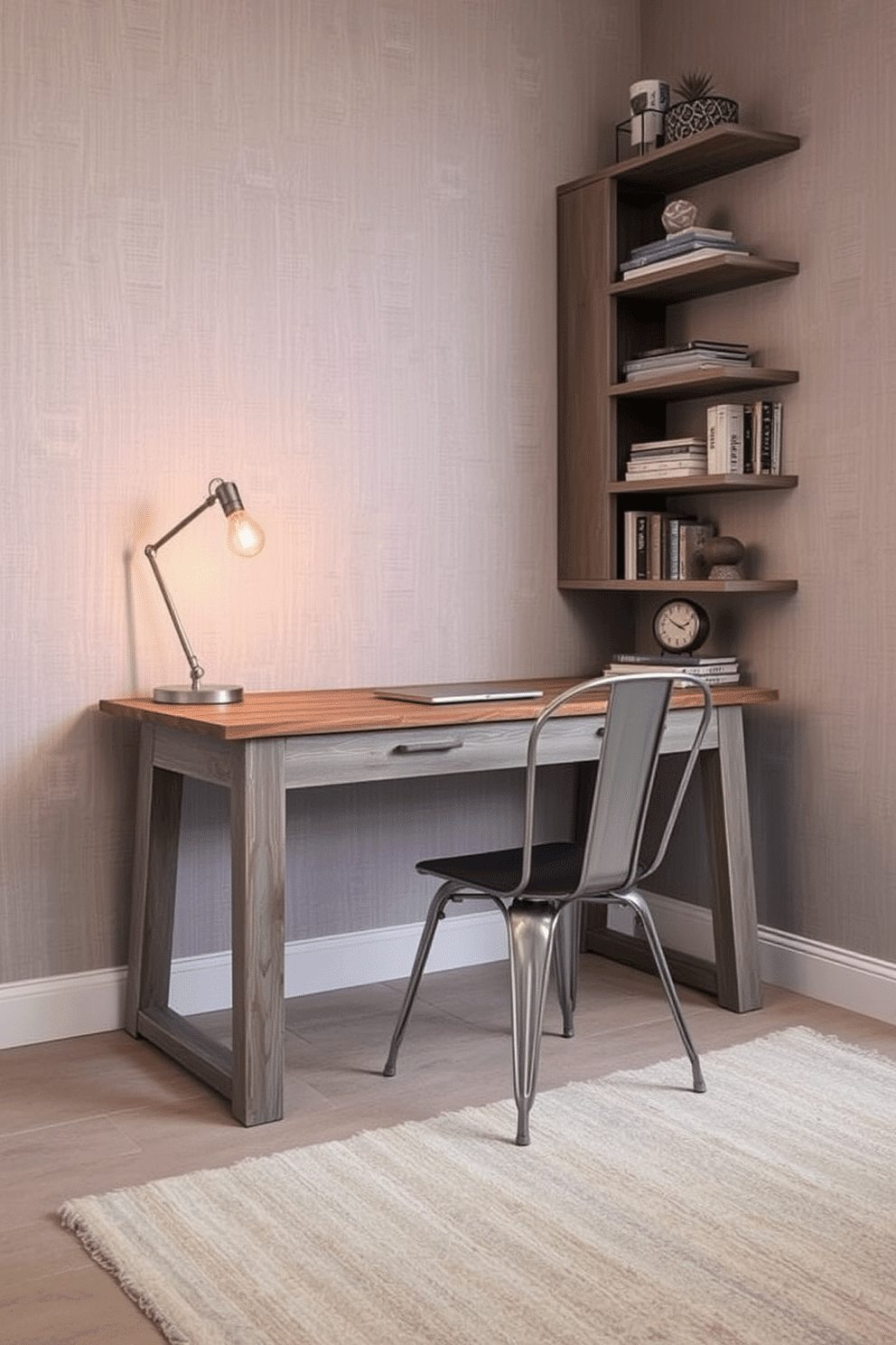 A rustic gray desk made of reclaimed wood sits against a wall adorned with subtle, textured wallpaper. Paired with a sleek metal chair, the workspace is illuminated by a vintage-style lamp with an exposed bulb, creating a cozy yet modern atmosphere. The floor is covered with a soft, neutral-toned rug that adds warmth to the space. Shelves above the desk display carefully curated books and decorative items, enhancing the overall aesthetic of the home office.