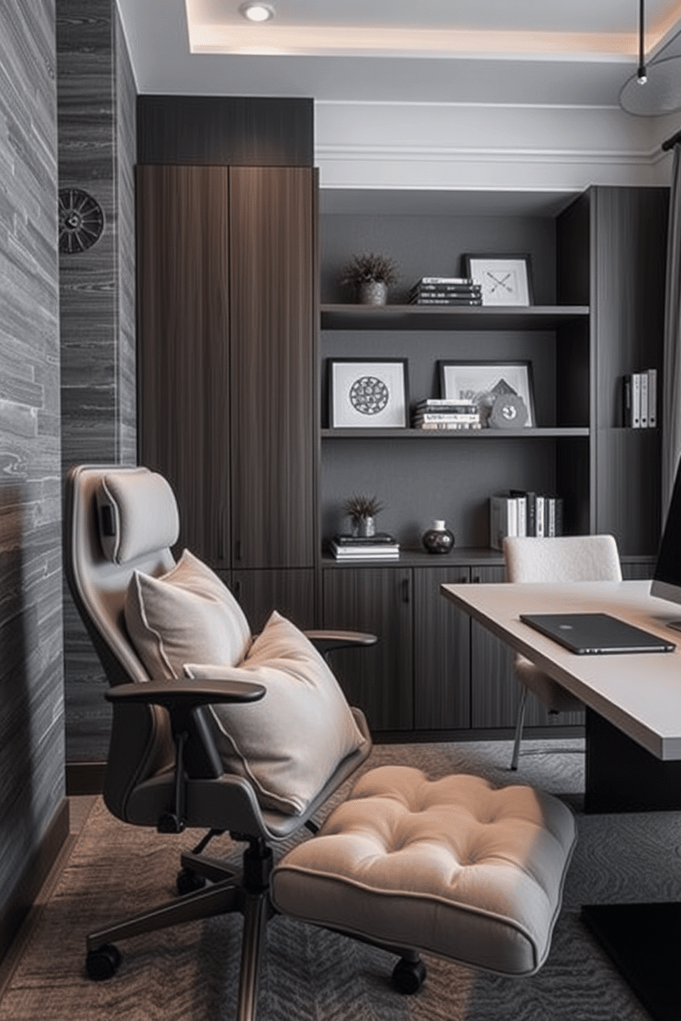 A sophisticated home office featuring layered gray textures throughout the space. Plush cushions adorn an elegant ergonomic chair, while a sleek, modern desk sits against the wall, complemented by stylish shelving filled with books and decorative items.