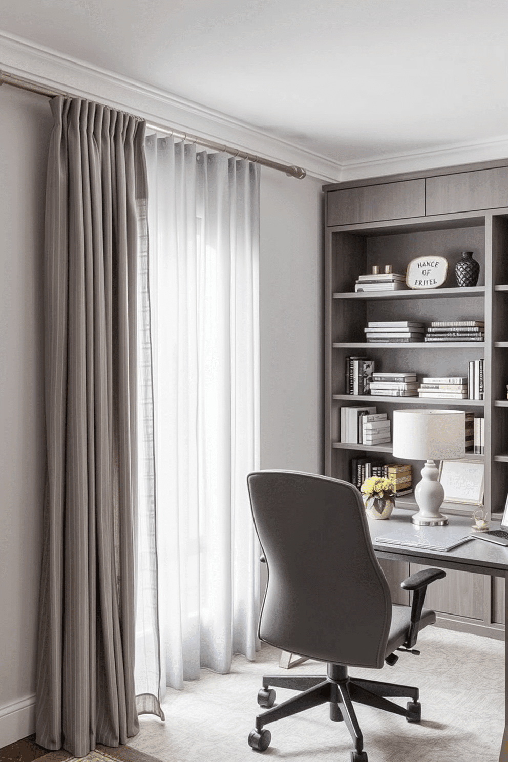 Elegant gray curtains drape gracefully from a sleek rod, adding a touch of sophistication to the space. The fabric features a subtle texture that catches the light, enhancing the overall ambiance of the room. In the home office, a modern desk with clean lines is paired with a plush ergonomic chair, creating a functional yet stylish workspace. A statement bookshelf, filled with curated decor and books, complements the gray color scheme while providing ample storage and visual interest.