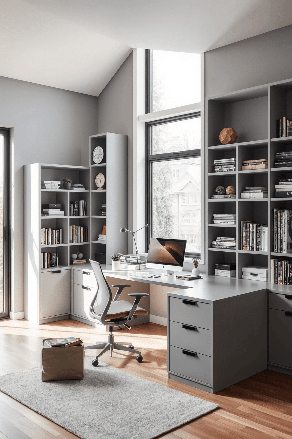 A functional gray workspace featuring a sleek, modern desk with built-in storage compartments. The walls are painted in a soft gray tone, complemented by a large window allowing natural light to flood the room. Ample shelving units line one side of the room, filled with organized books and decorative items. A comfortable ergonomic chair sits at the desk, and a stylish area rug adds warmth to the space.