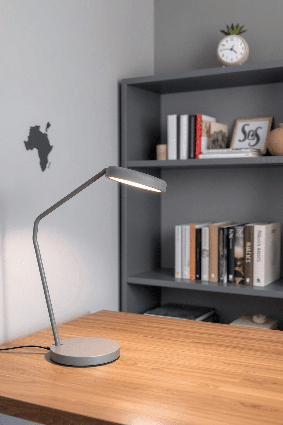 A chic gray desk lamp with a sleek design sits on a minimalist wooden desk, providing focused task lighting. The home office features a modern gray color palette, accented by stylish shelves that display curated decor and books.