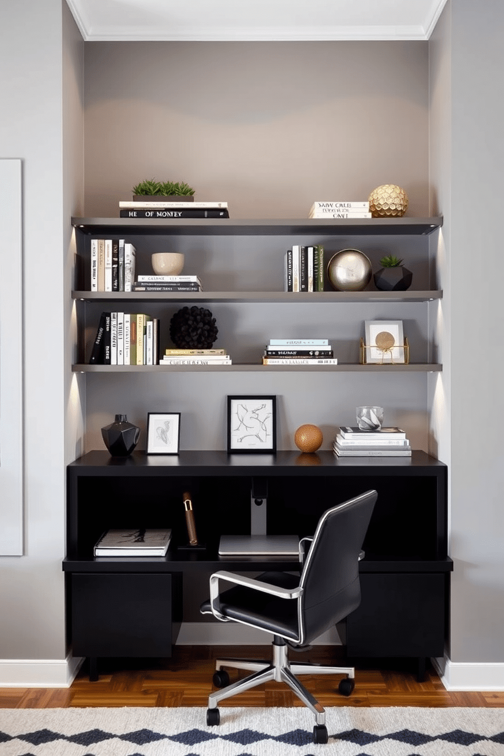 A modern home office featuring a gray accent wall adorned with sleek floating shelves. The shelves are filled with curated books and decorative items, creating an organized yet stylish workspace.