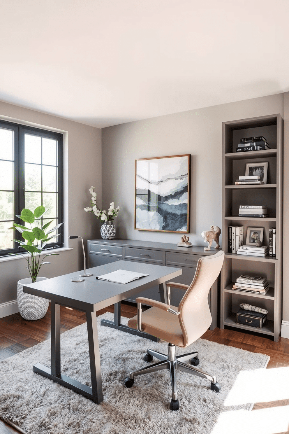 A sophisticated home office featuring a gray color palette complemented by neutral tones. The room includes a sleek gray desk with a minimalist design, paired with a comfortable beige ergonomic chair. Natural light floods in through large windows, highlighting the soft gray walls adorned with abstract artwork. A plush area rug in muted tones anchors the space, while a stylish bookshelf filled with curated decor adds a touch of elegance.