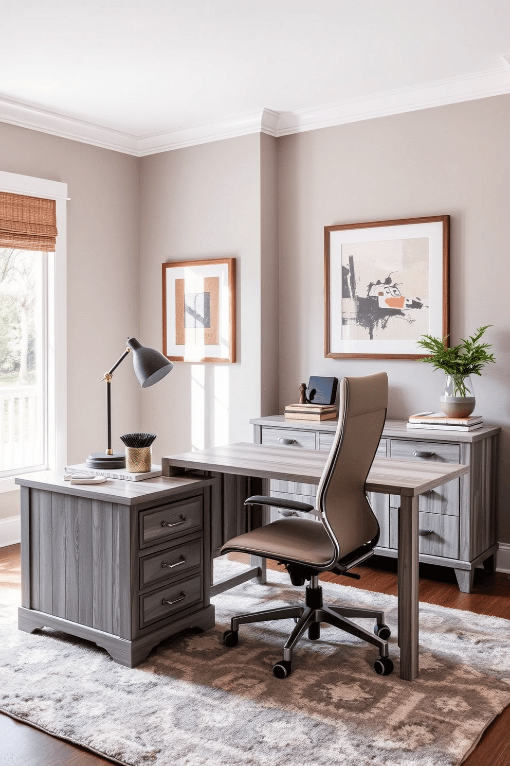 A stylish home office featuring vintage gray furniture paired with sleek modern accents. The desk, a reclaimed wood piece with gray undertones, is complemented by a contemporary ergonomic chair in a contrasting color. The walls are adorned with framed abstract art, blending traditional and modern aesthetics. A plush area rug in muted tones anchors the space, while a large window allows natural light to illuminate the room.