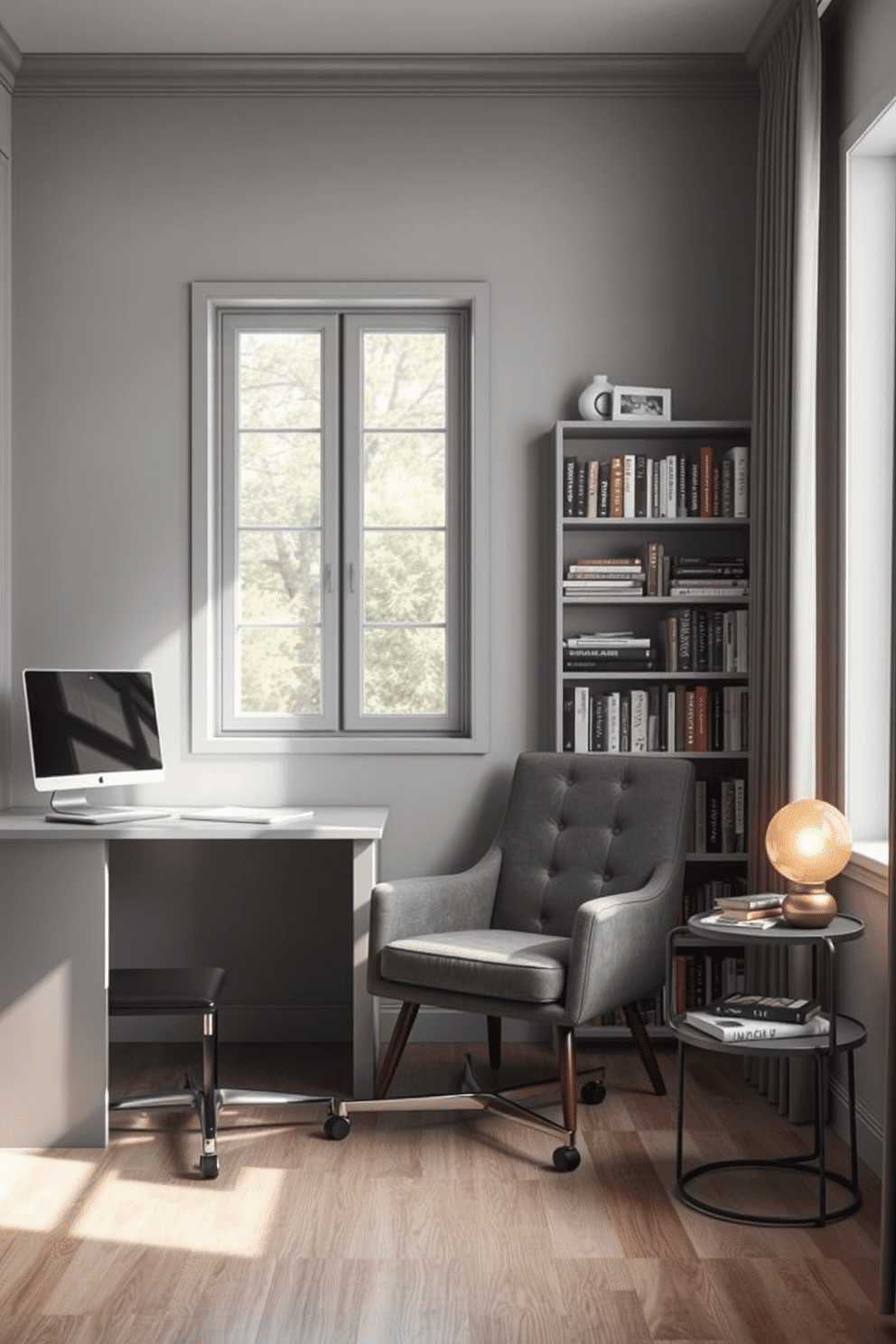 A stylish gray office nook features a sleek desk with a minimalist design, paired with a comfortable ergonomic chair. In the cozy reading corner, a plush armchair is positioned beside a tall bookshelf filled with an array of books and decorative items, creating an inviting atmosphere. Natural light pours in through a large window, illuminating the space and highlighting the soft gray tones of the walls and furnishings. A small side table beside the armchair holds a warm lamp and a steaming cup of coffee, perfect for enjoying a quiet moment with a good book.