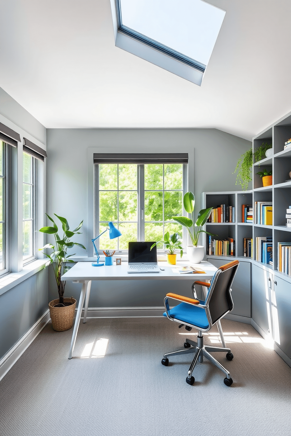 A bright gray home office featuring a sleek, modern desk with vibrant desk accessories in shades of blue, orange, and yellow. Large windows allow natural light to flood the space, enhancing the cheerful atmosphere and highlighting the minimalist shelving filled with books and plants.